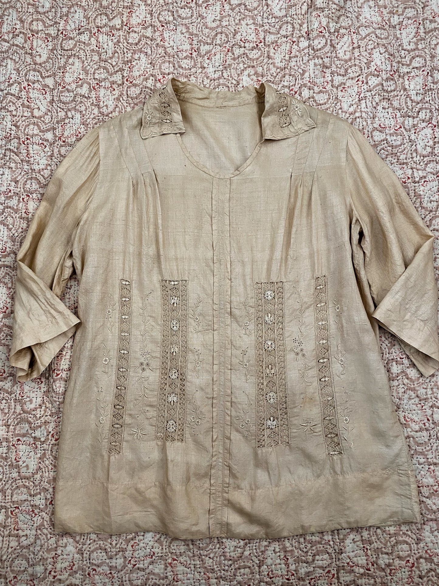 Antique Intricate Ecru Silk Lace Blouse- S/M