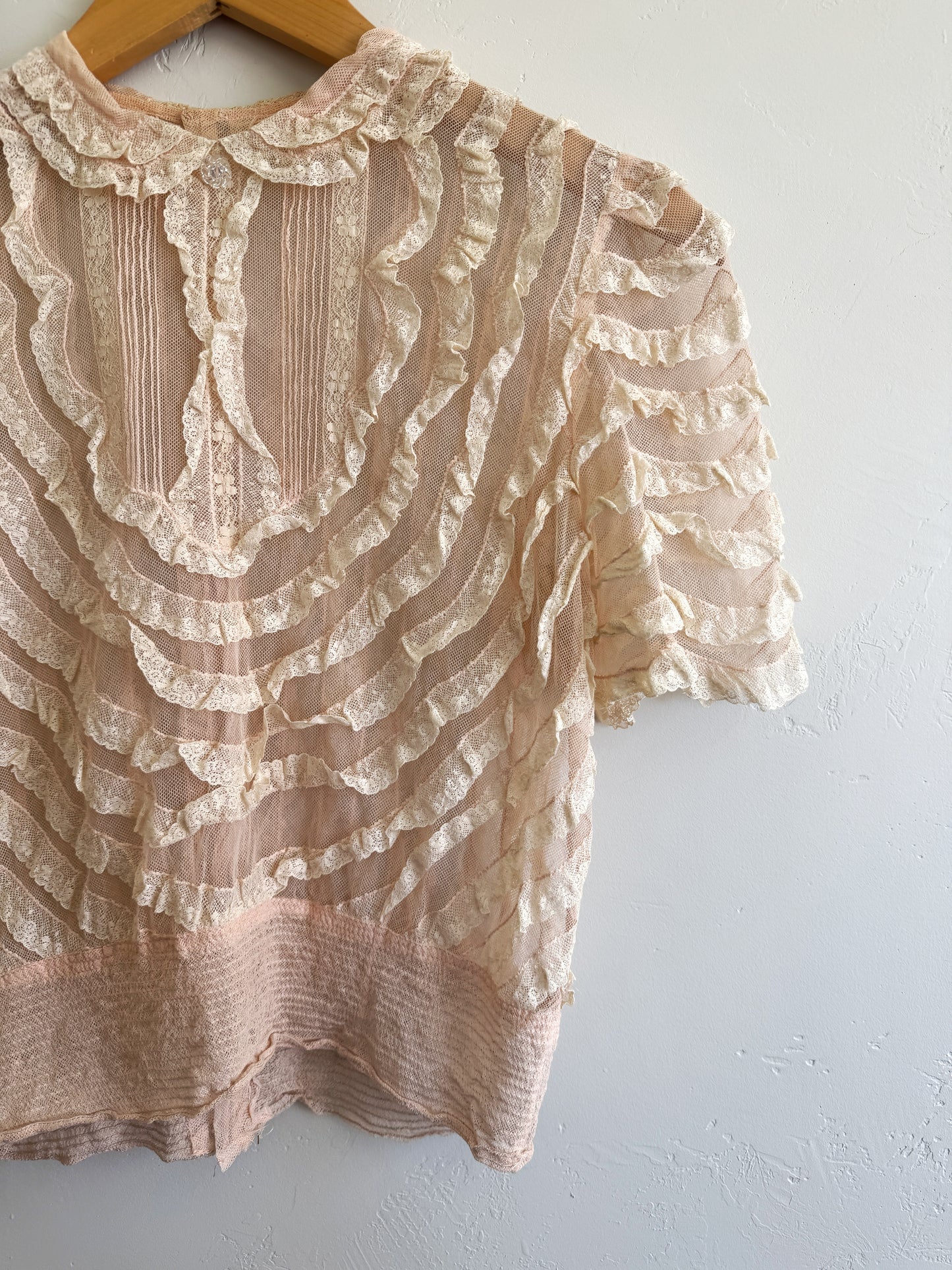 1930s/40s Blossom Pink Net + Lace Babydoll Blouse- S/M