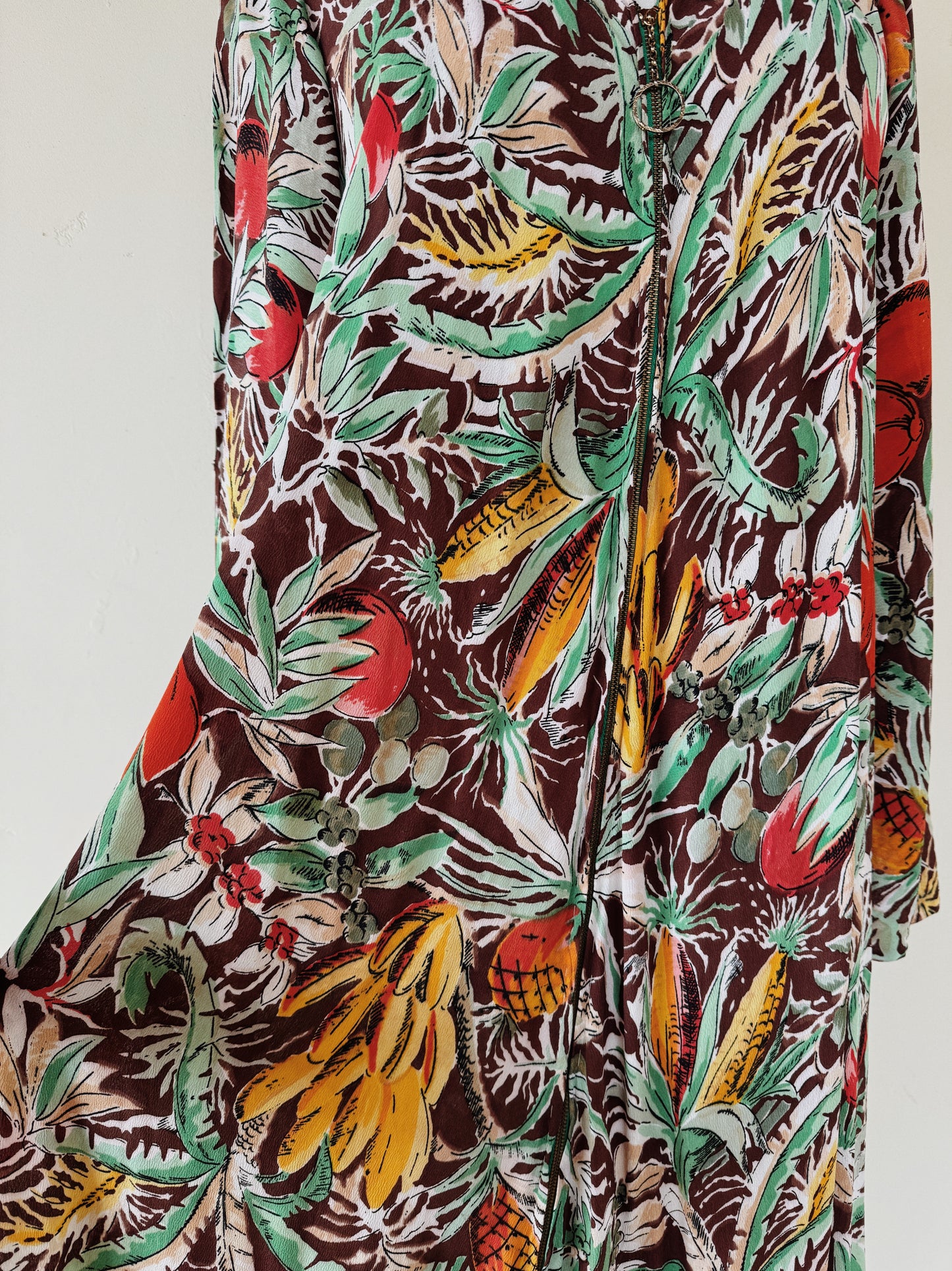 1940s Fruit Print Crepe Kaftan Dress- S/M