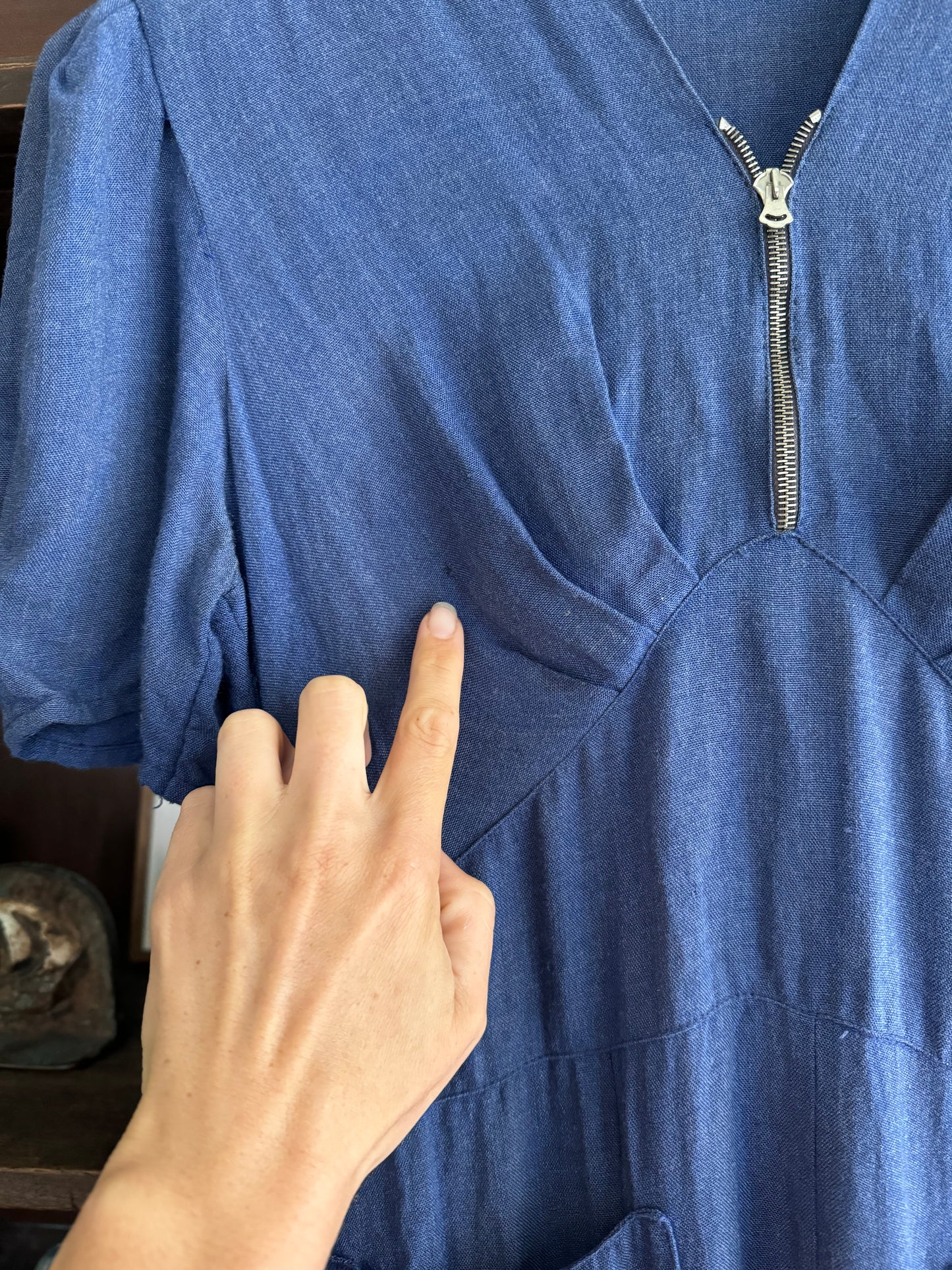1930s Blue Day Dress w/ Puffed Shoulders + Felt Floral + Stud Pockets- S/M