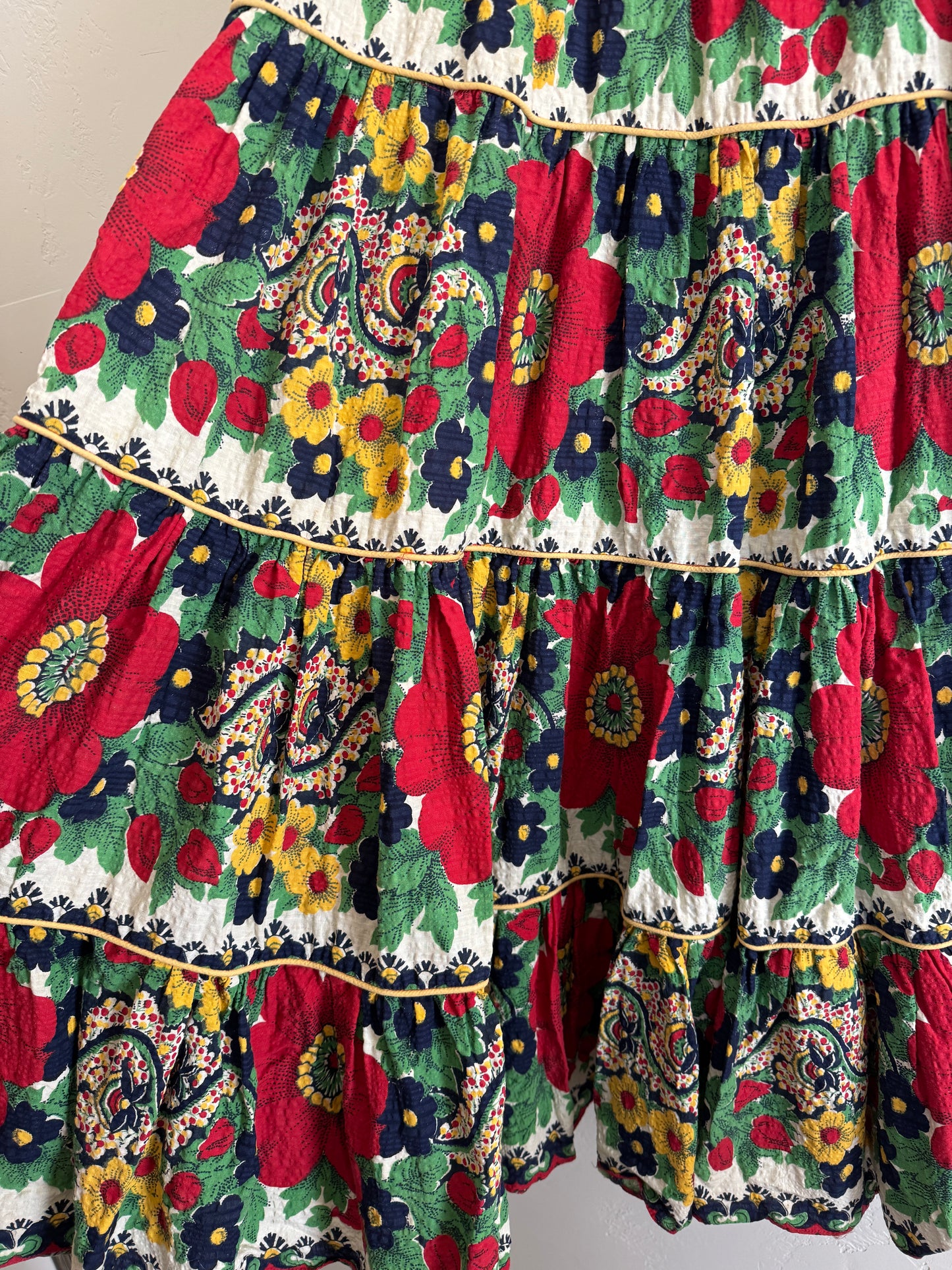 1940s Red + Navy Floral Seersucker Maxi Skirt- S/M