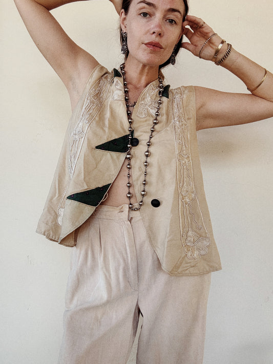 Antique Ecru Art Nouveau Silk Patchwork Vest