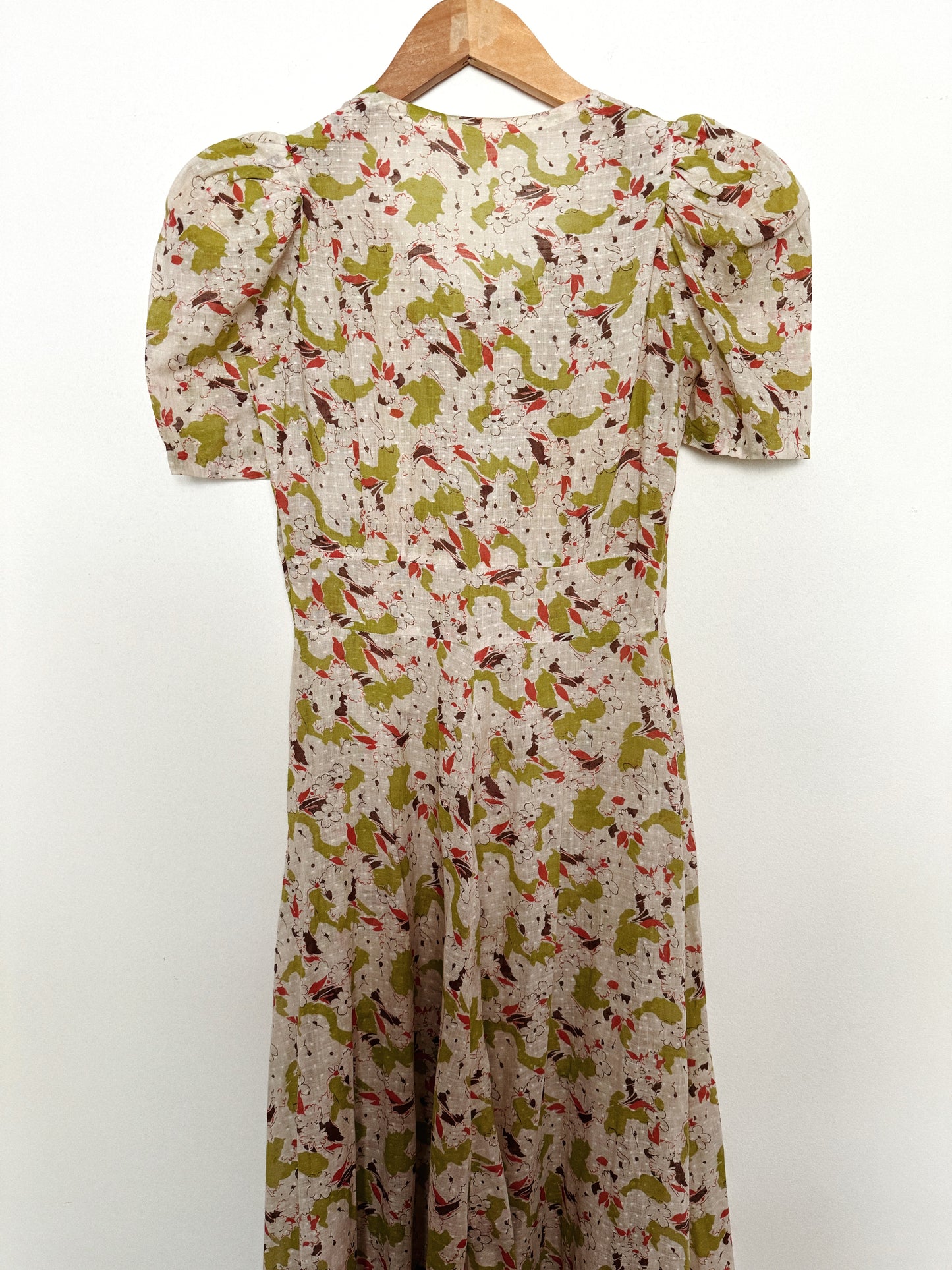 1930s Cotton Voile Lime Abstract Print Dress w/ Puffed Shoulders- S