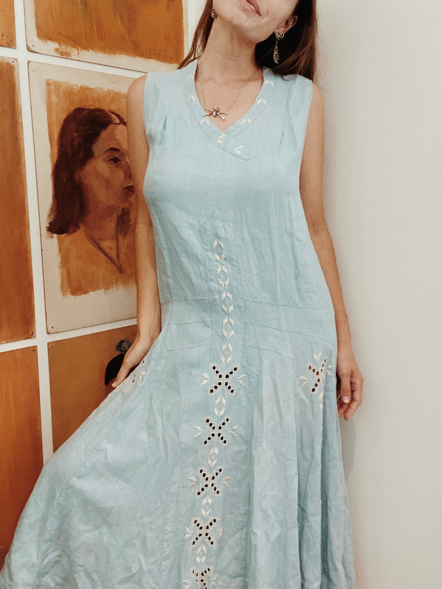 1920s Pale Blue Embroidered Linen Drop Waist Dress- M/L