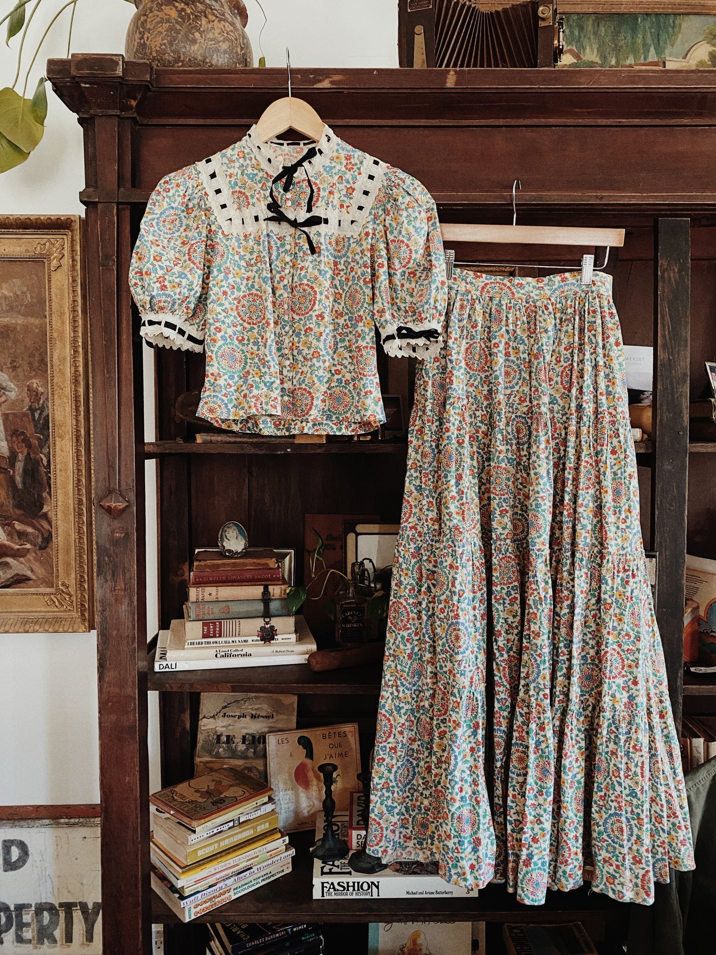1930s Multi Colored Cotton Floral Puffed Sleeve Maxi Skirt Set- S/M