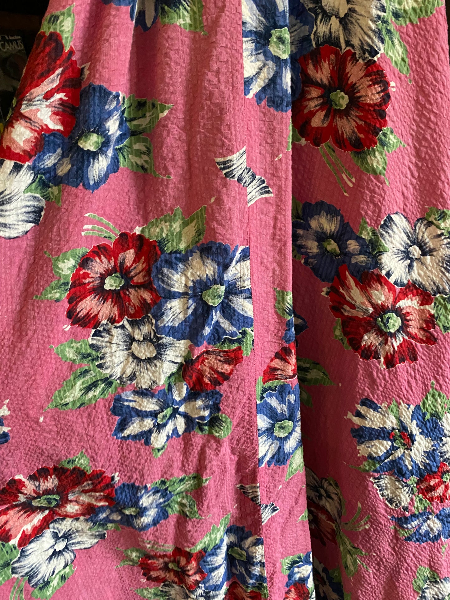 1930s/40s Blue + Pink Floral Seersucker Hostess Dress- M