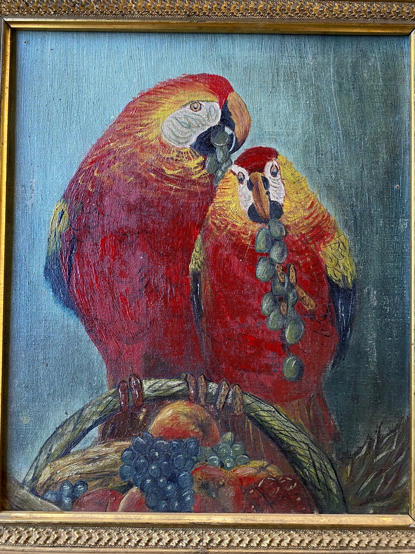 Antique Oil Painting of Parrots in Gilt Frame, Dated 1919- 16 x 18”