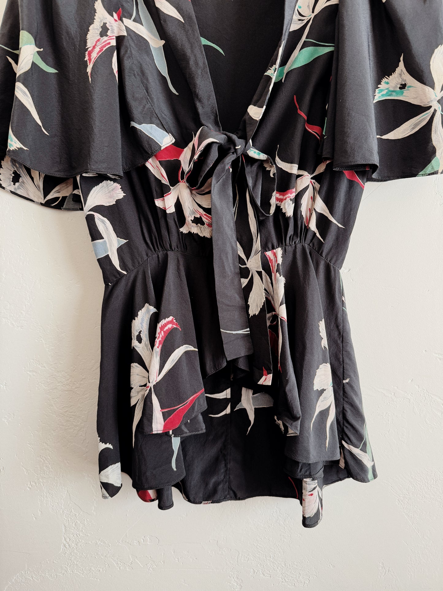 1930s/40s Black Orchid Silk Blouse w/ Flutter Sleeves- XS/S