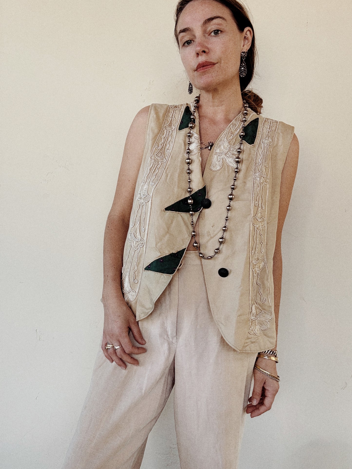 Antique Ecru Art Nouveau Silk Patchwork Vest