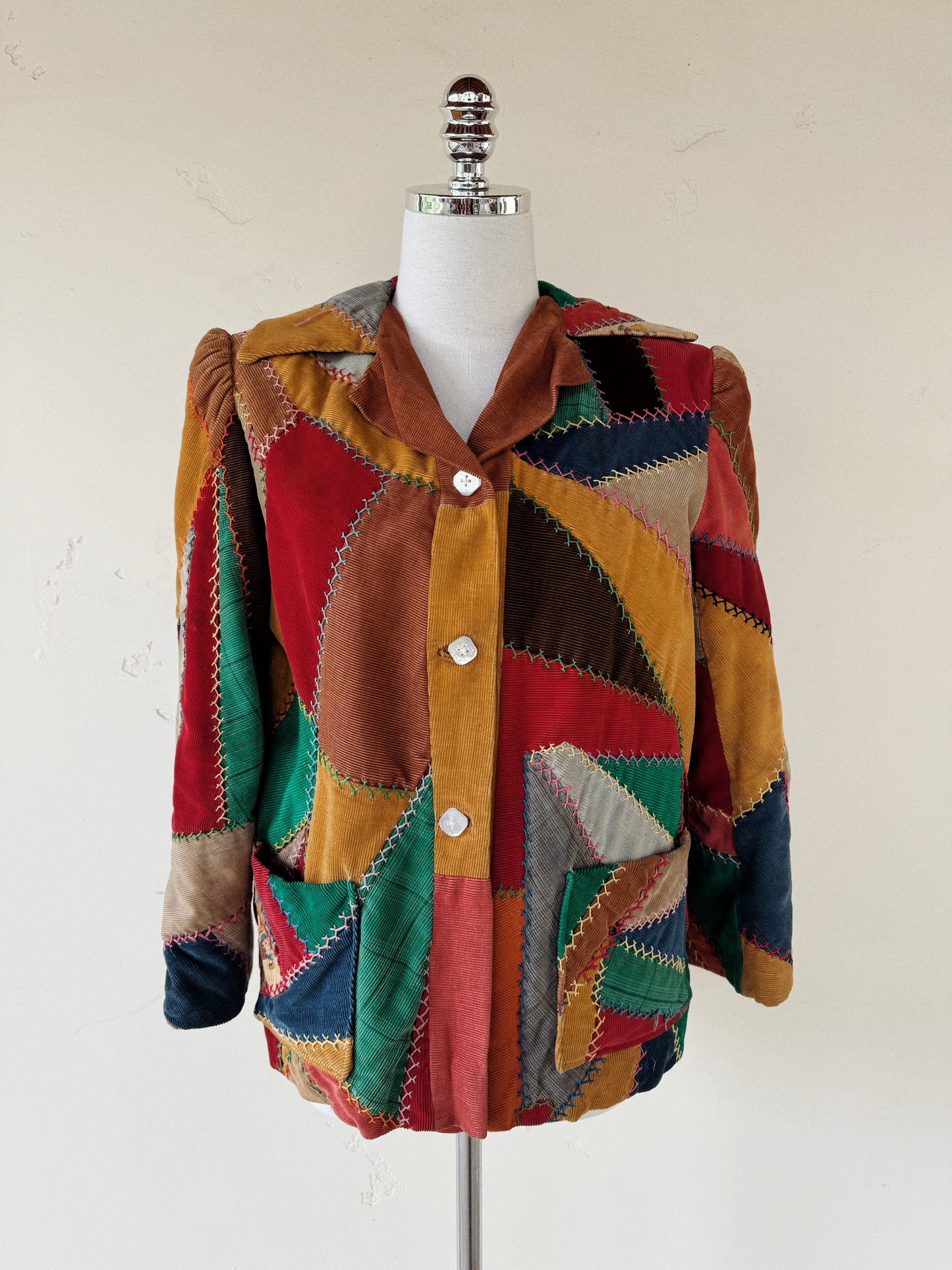 1940s Corduroy Crazy Quilt Jacket w/ Puffed Shoulders- S-M