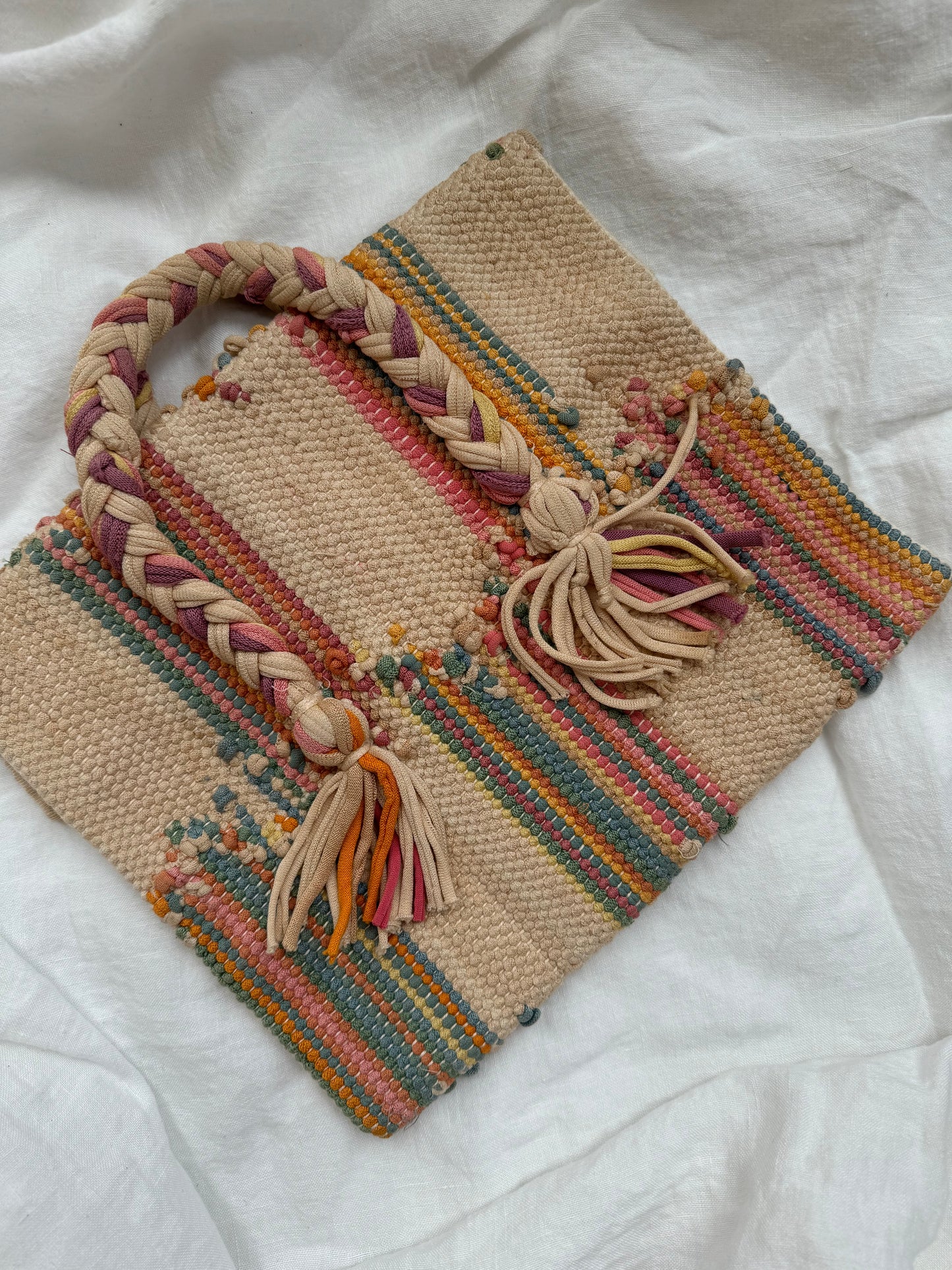 1930s Beige + Rainbow Woven Bag