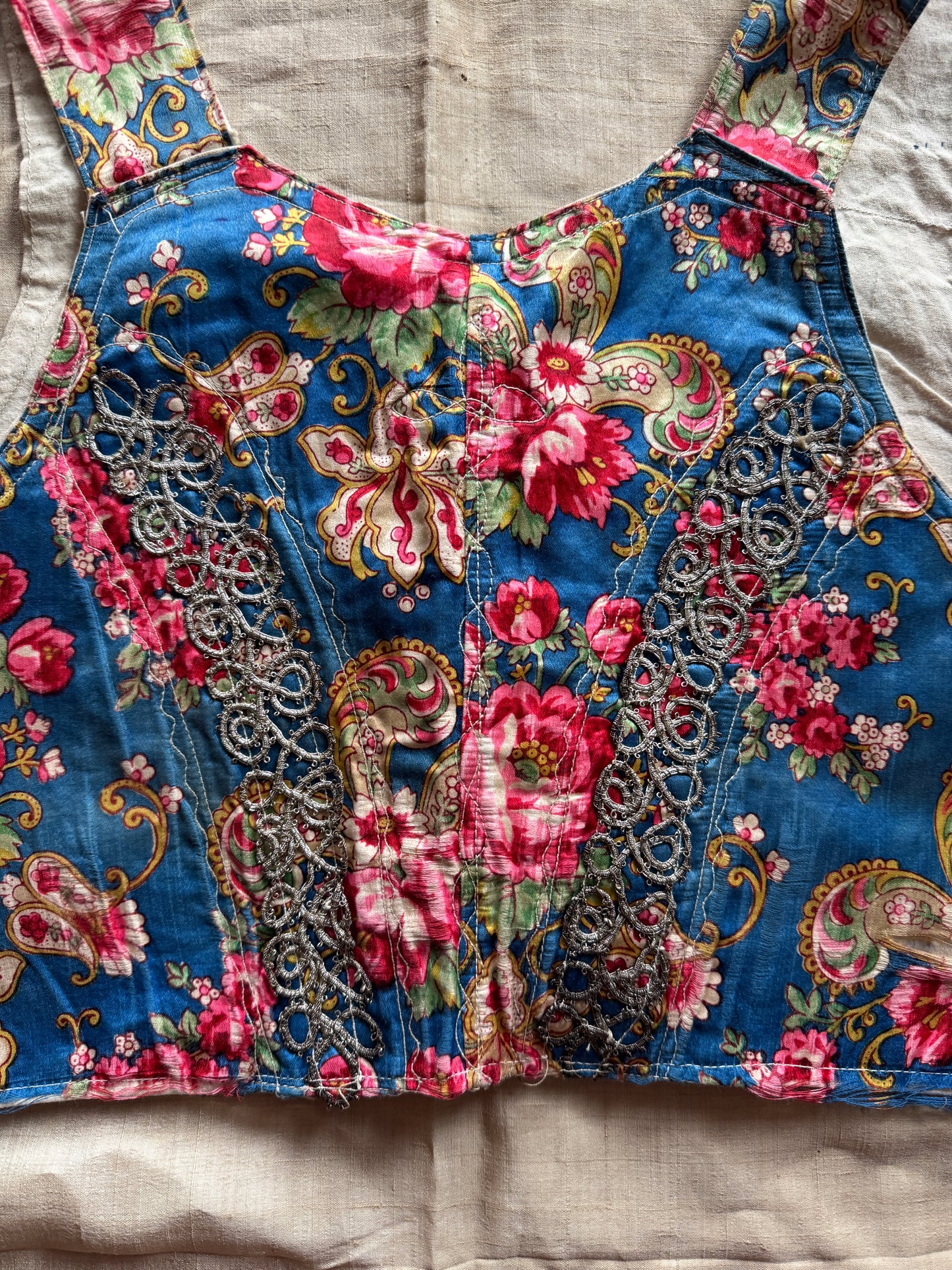 Antique Eastern European Silk Rose Folk Bodice Vest- S/M
