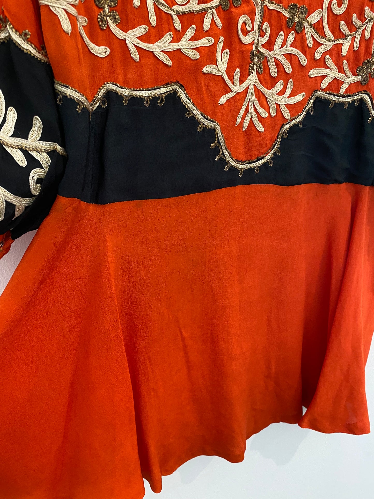 1920s Carnelian Silk Crepe Soutache Dress w/ Bishop Sleeves- XS/S