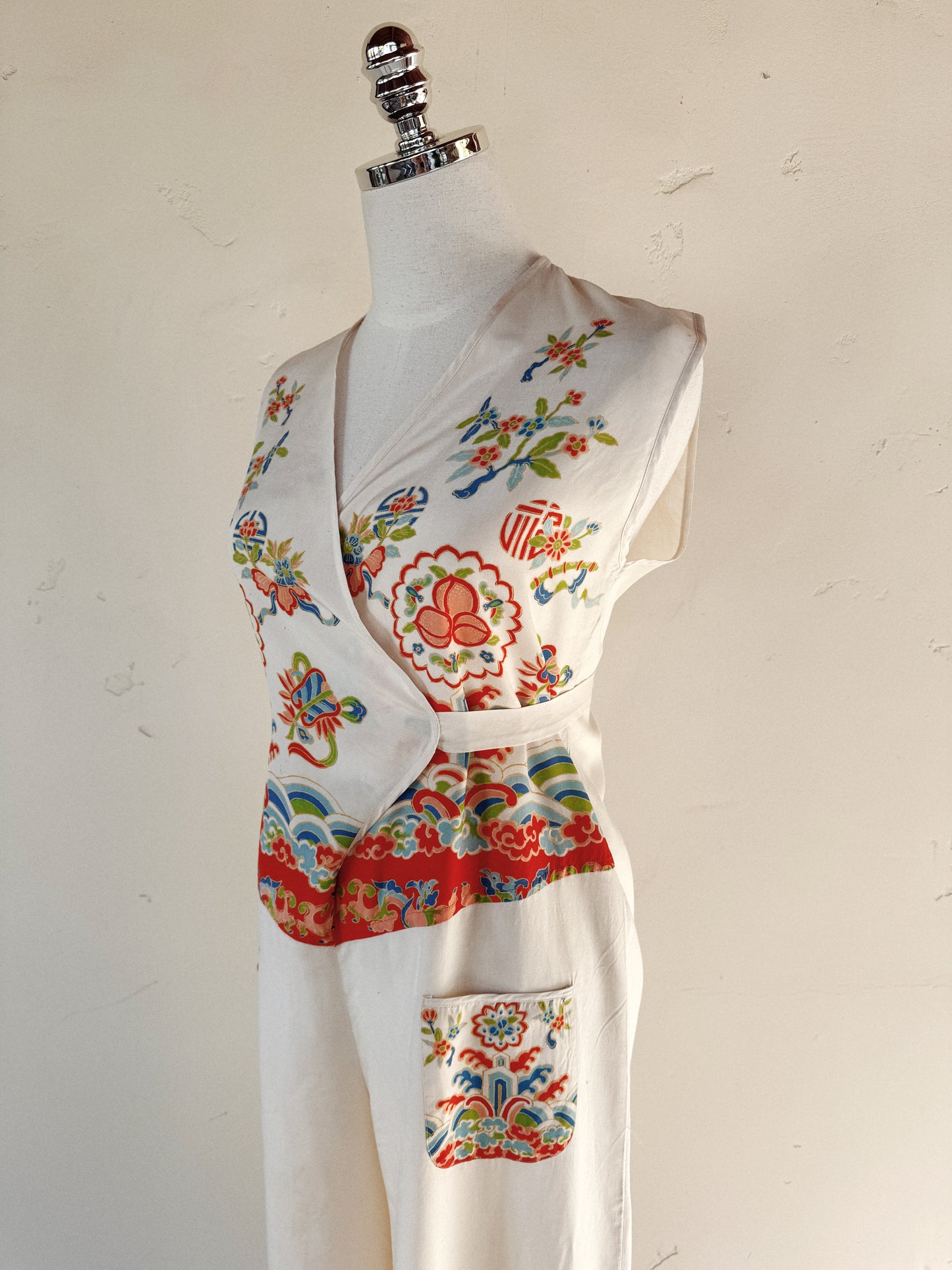 1930s Rare White Pongee Silk Beach Pajama Jumpsuit- M