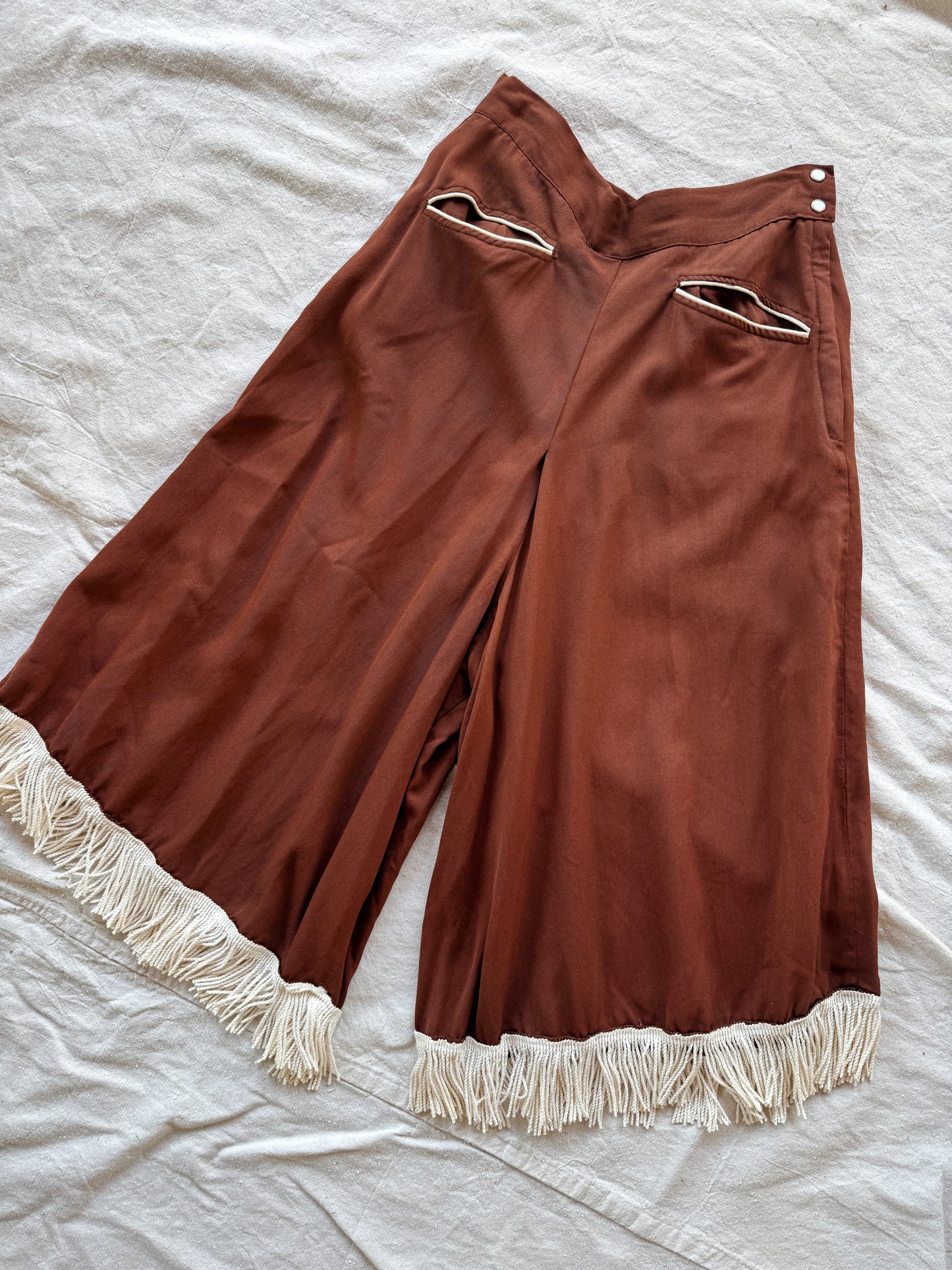 1950s Brown Gabardine Western Fringe Split Skirt Pants- 28” Waist