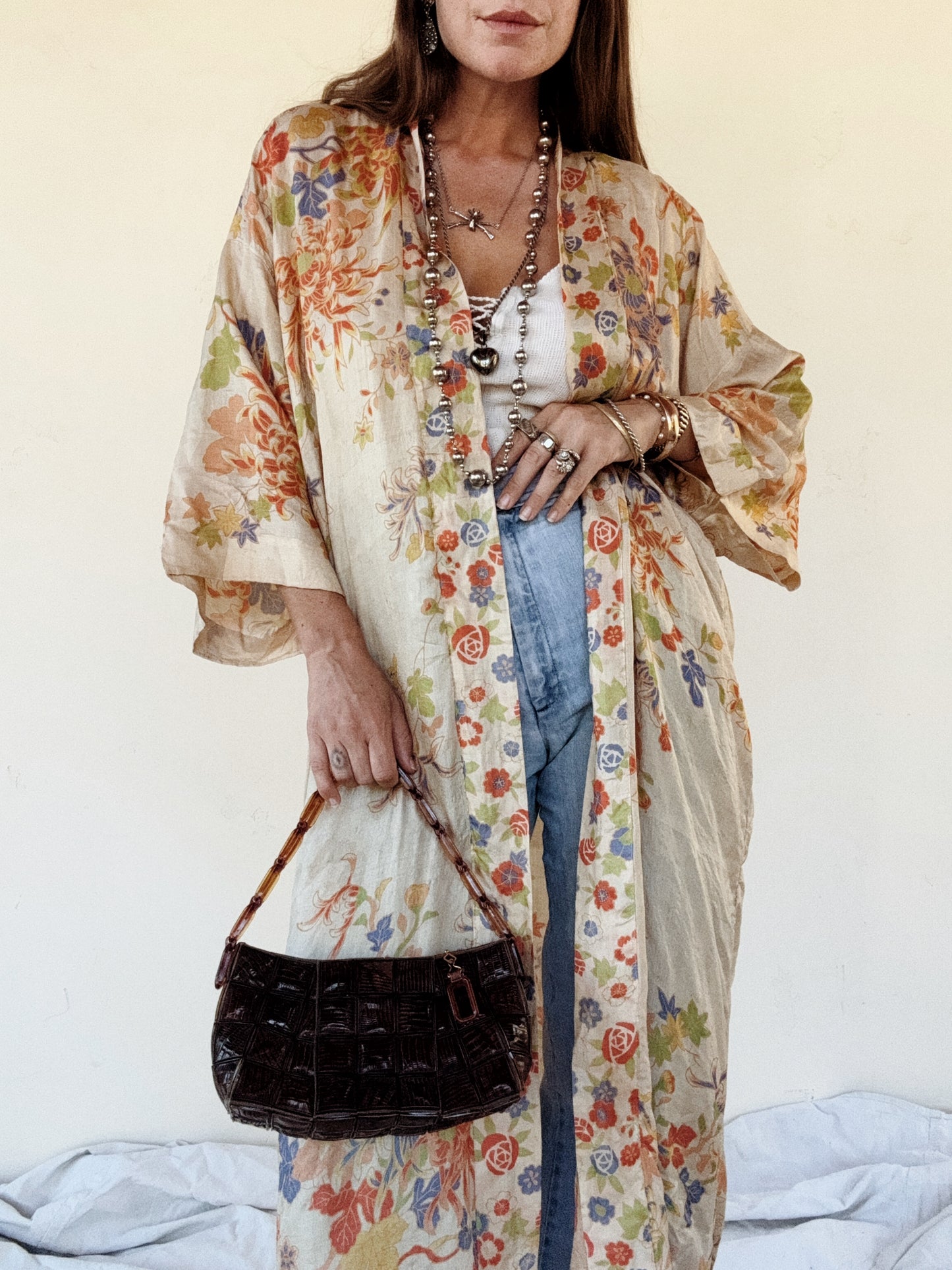 1920s Chartreuse Pongee Silk Duster w/ Chrysanthemum + Autumnal Leaves