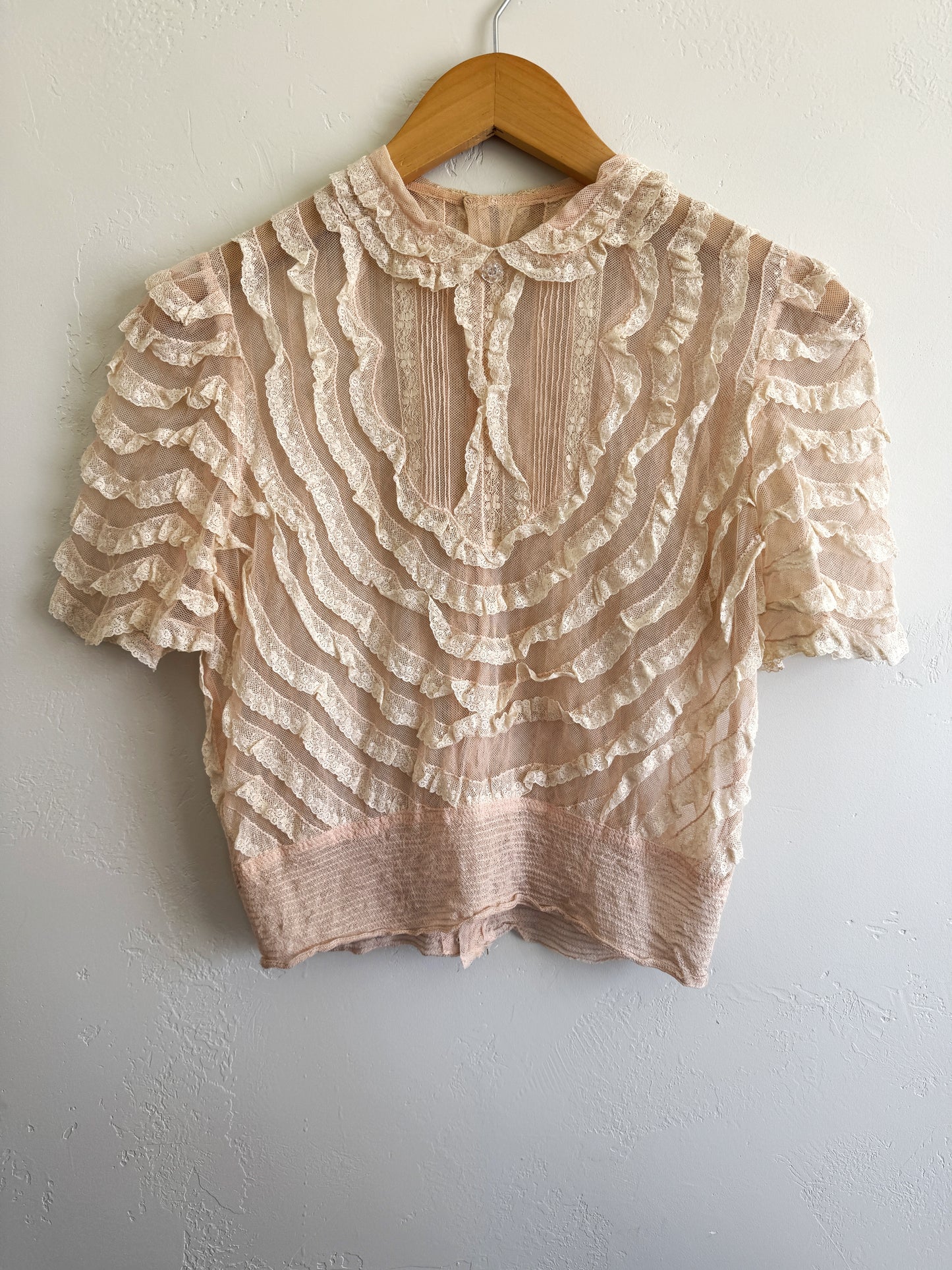1930s/40s Blossom Pink Net + Lace Babydoll Blouse- S/M