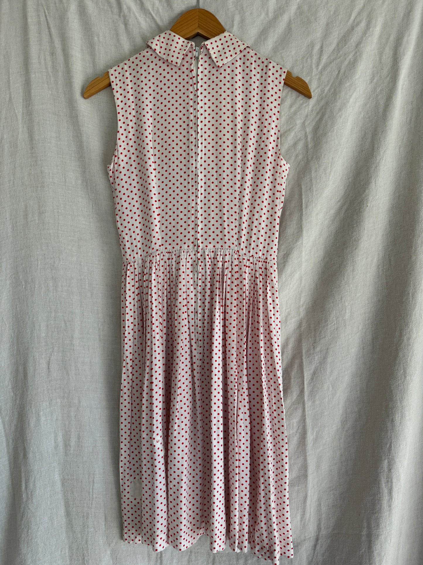 1940s/50s Cold Rayon White + Red Polka Dot Day Dress- S