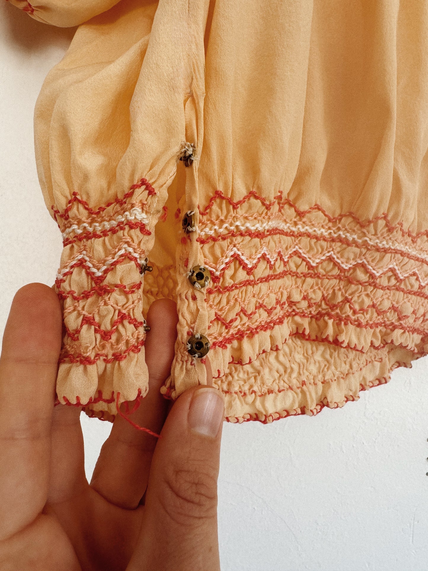 1930s Peach Silk Hungarian Peasant Blouse w/ Floral + Butterfly Embroidery- S/M