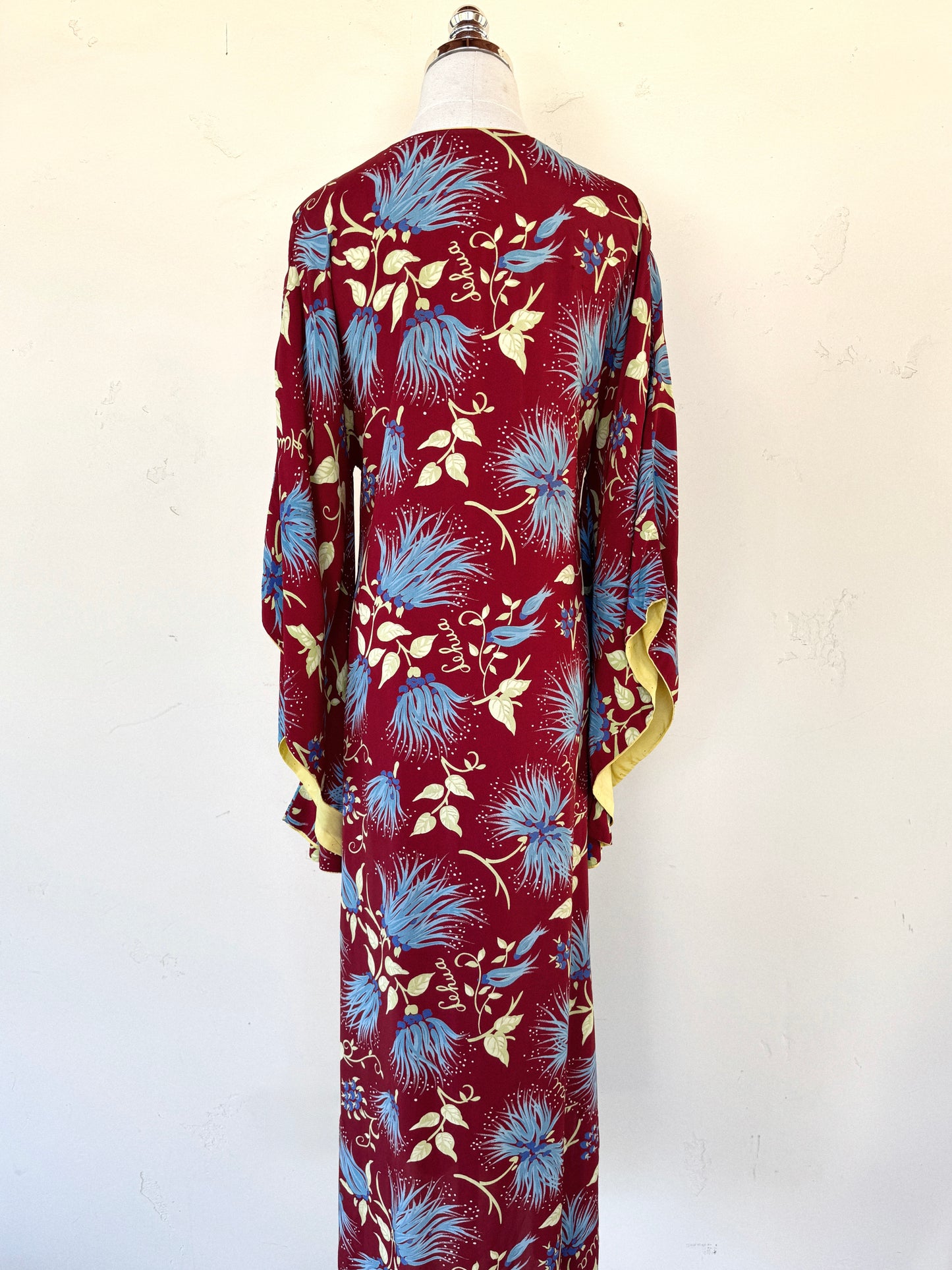 1940s Burgundy + Chartreuse Rayon Hawaiian Dress w/ Angel Sleeves- M
