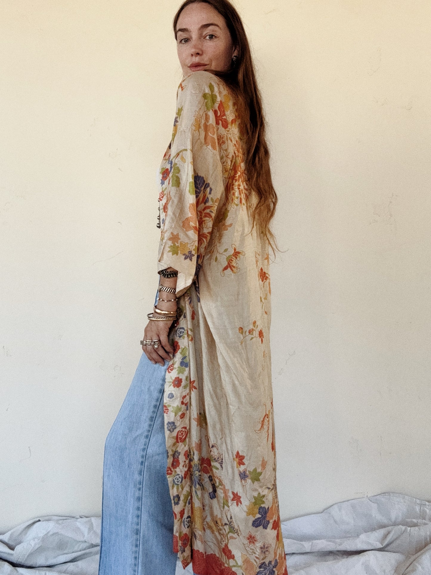 1920s Chartreuse Pongee Silk Duster w/ Chrysanthemum + Autumnal Leaves