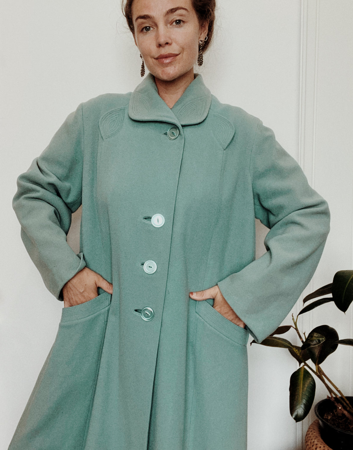 1950s Sea Foam Swing Coat w/ Deco Details- L/XL