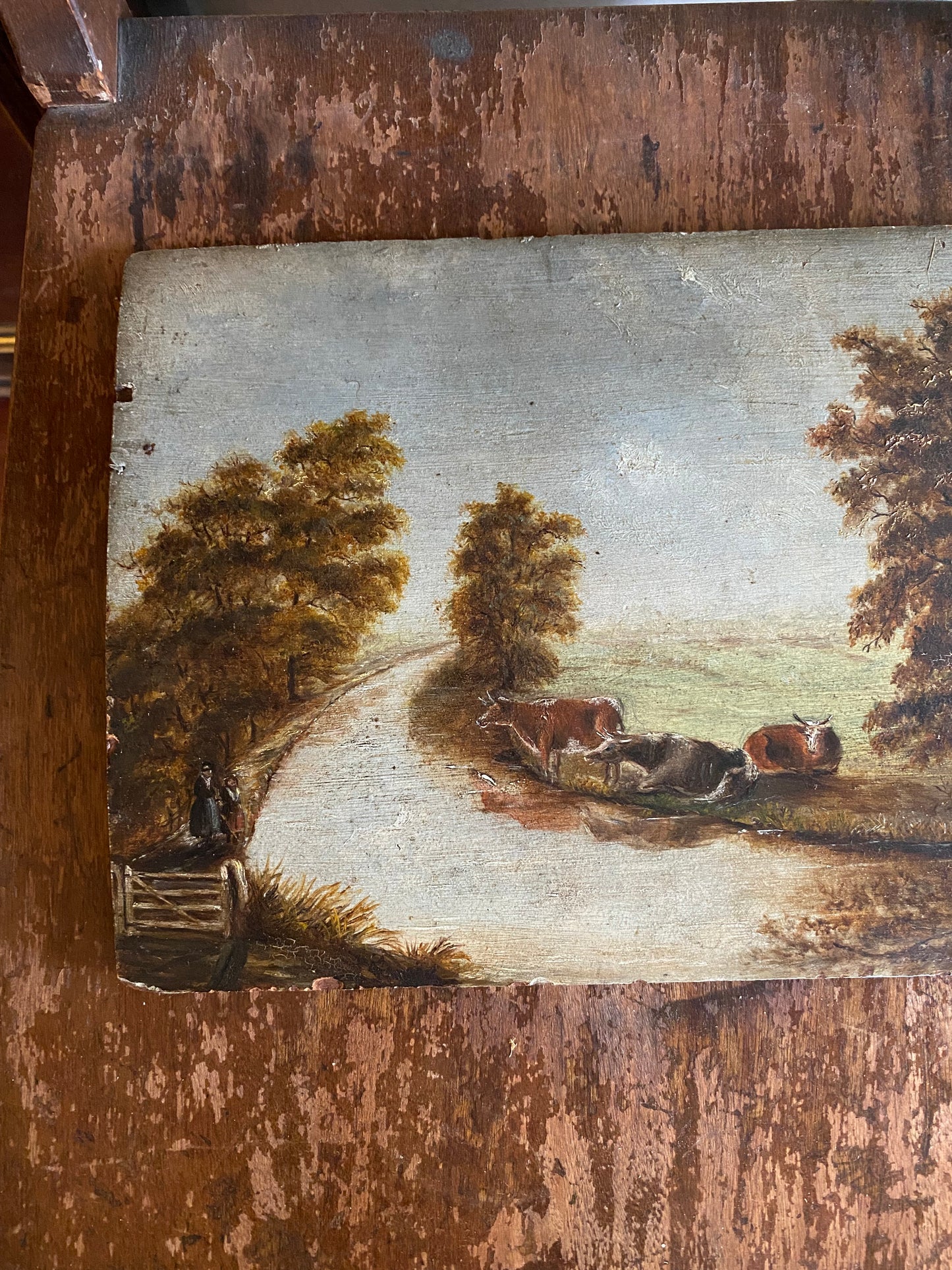 19th C. Petite English Pastoral Country Scene w/ Cows- 7x10”
