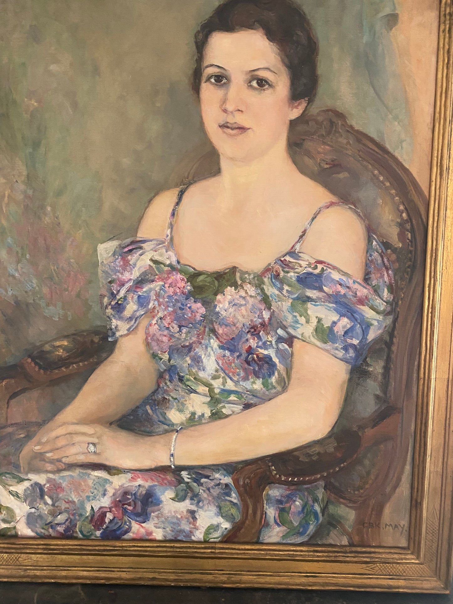 1930s Large Sage + Violet Portrait of a Woman in Gilt Frame- 29 x 37”