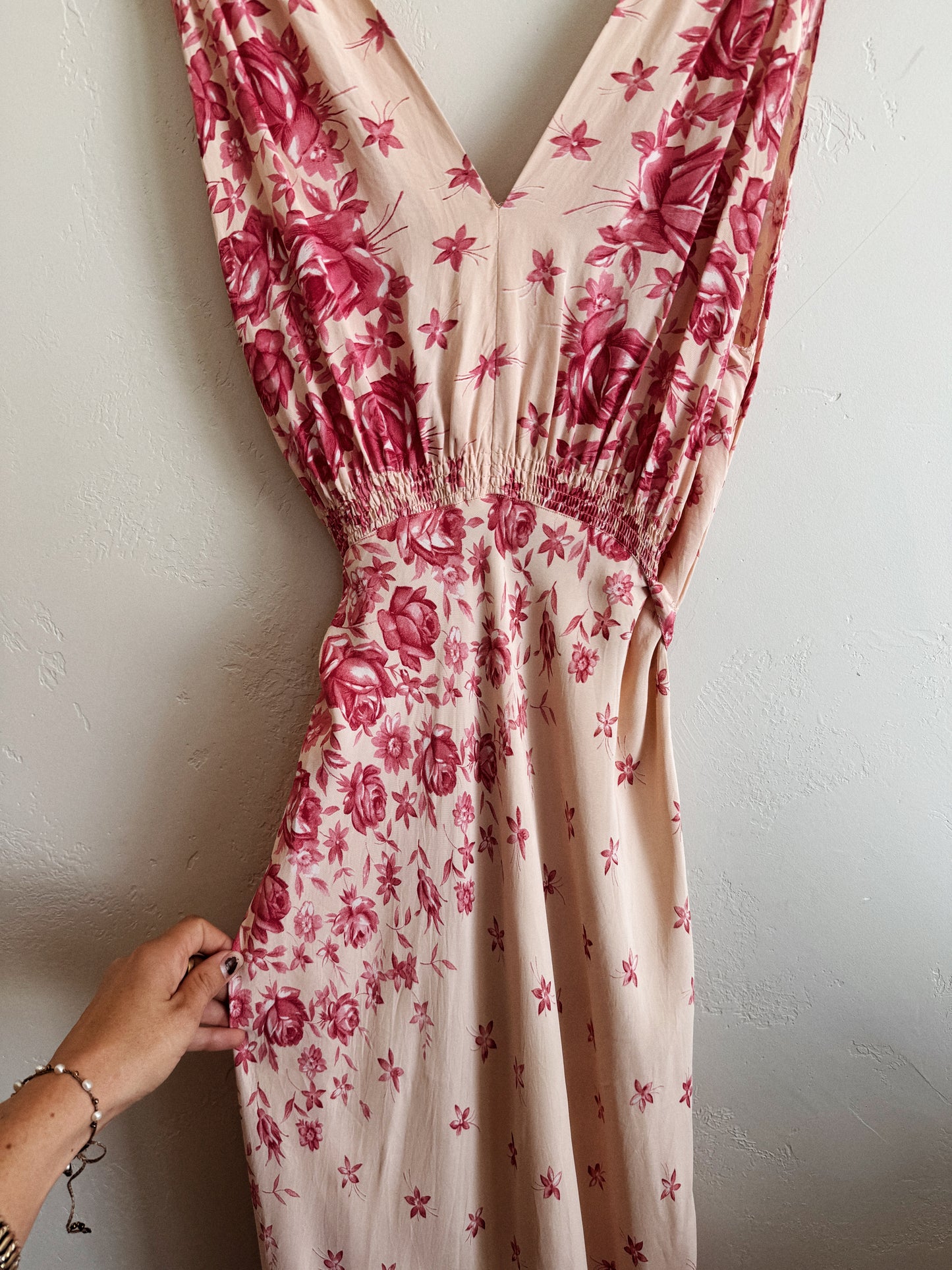 1940s Unique Asymmetrical Rose Printed Slip Dress w/ Tie- M/L