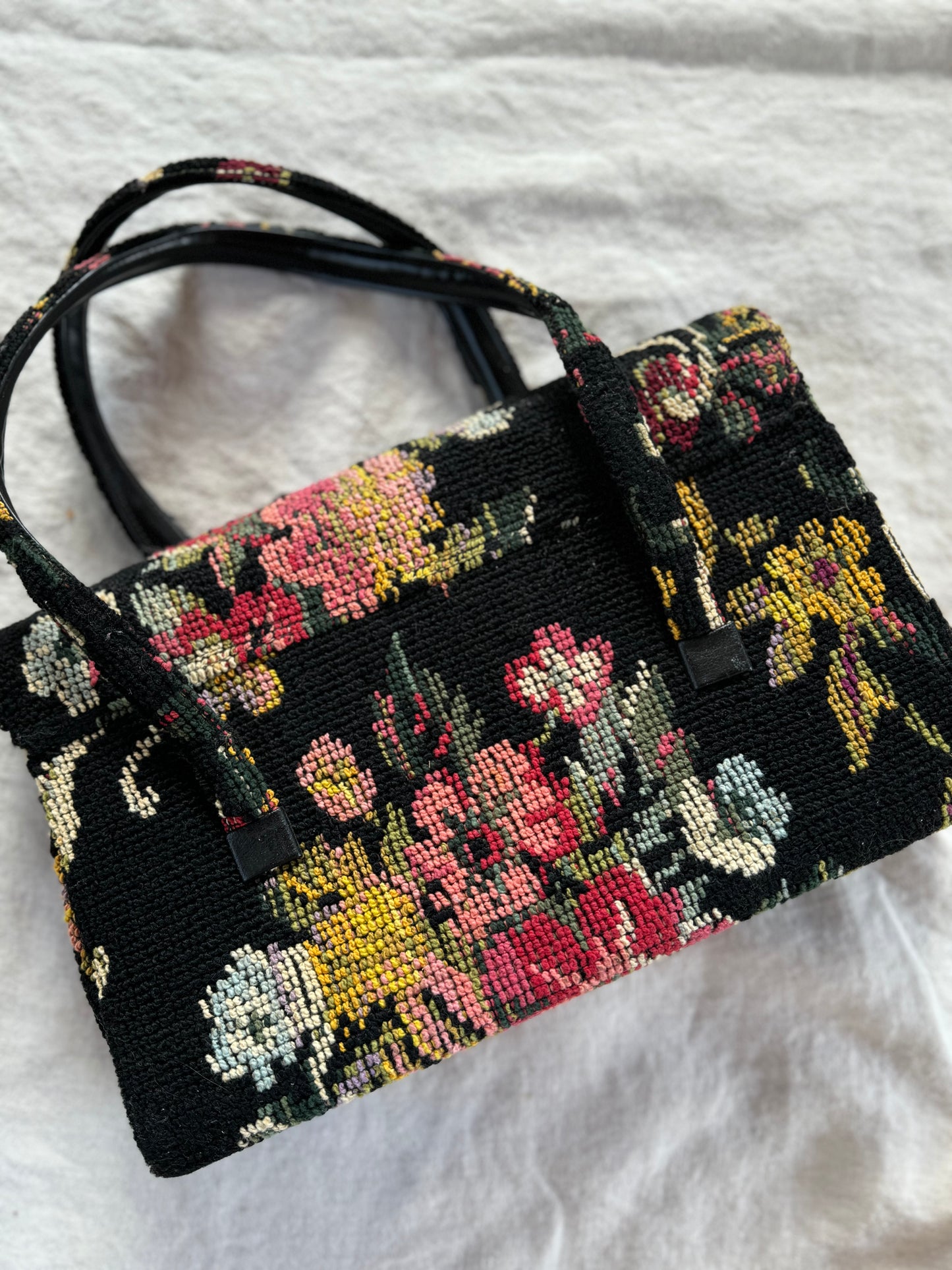 1950s/60s Large Black Floral Needlepoint Handbag
