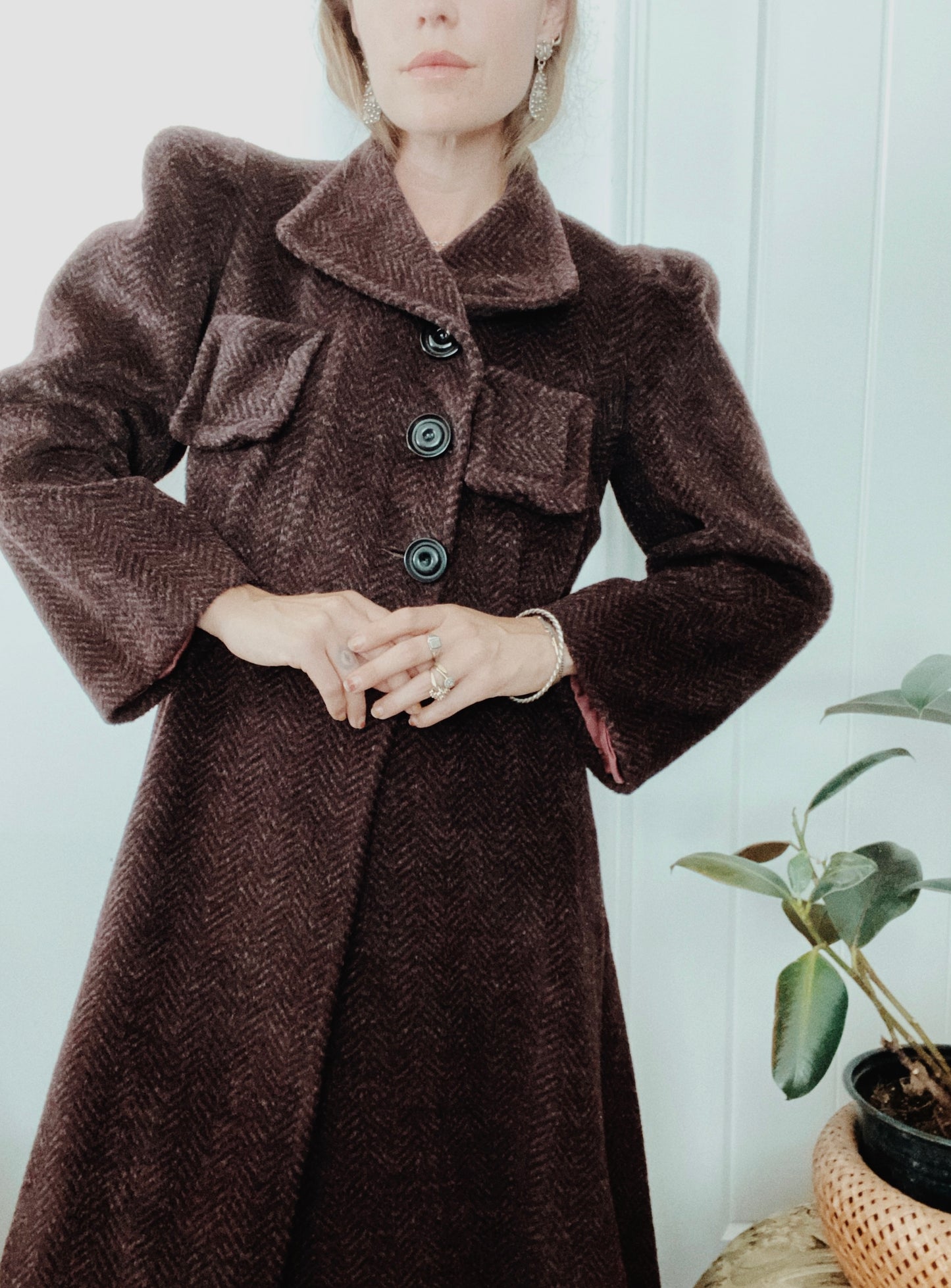 1930s Brown + Purple Chevron Puffed Sleeve Coat- M/L