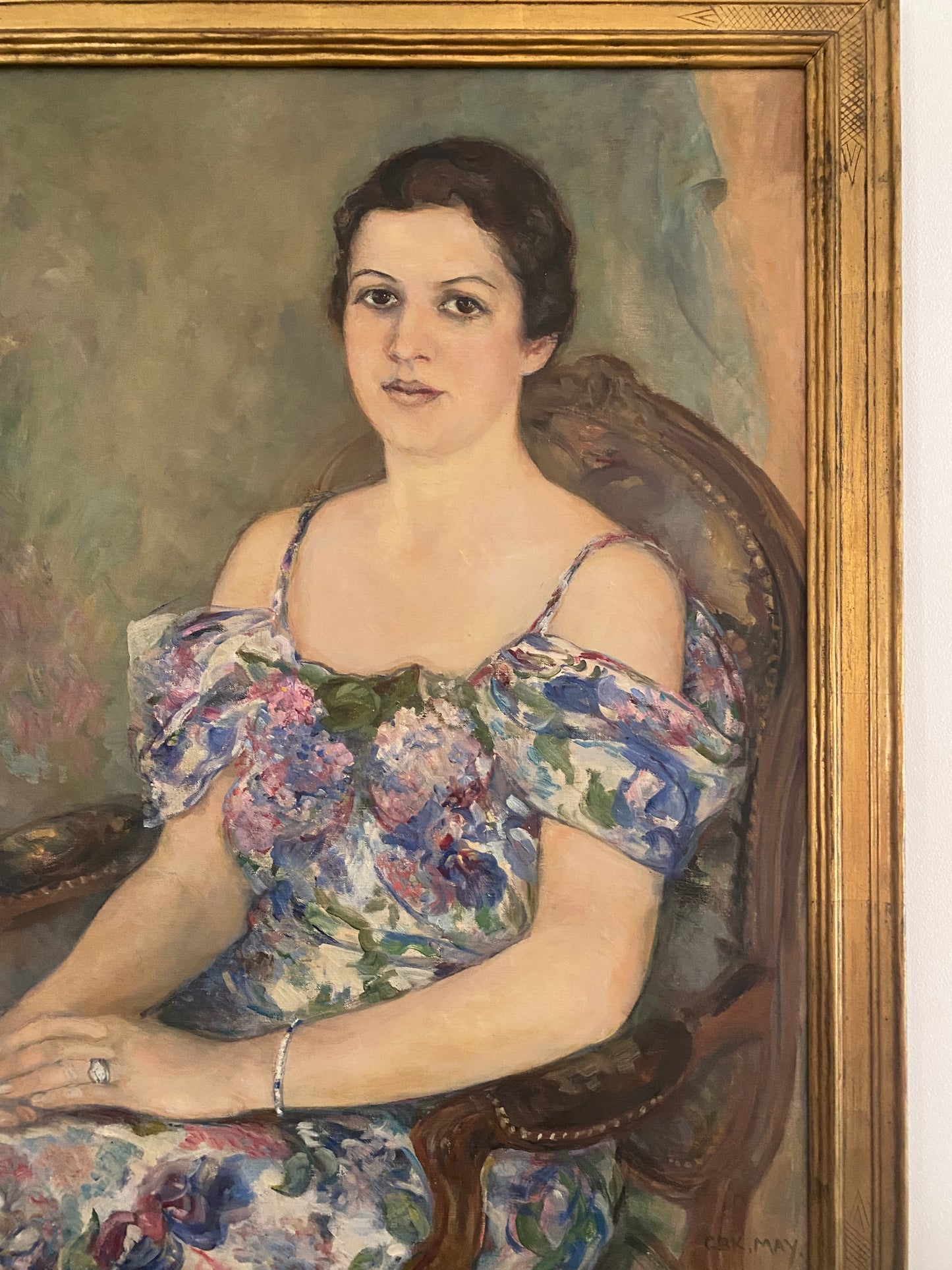 1930s Large Sage + Violet Portrait of a Woman in Gilt Frame- 29 x 37”