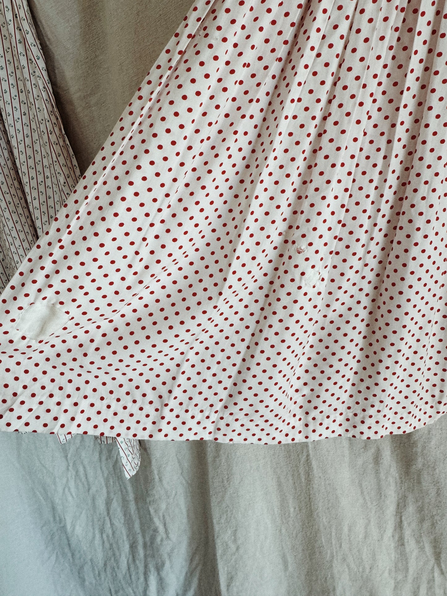 1940s/50s Cold Rayon White + Red Polka Dot Day Dress- S