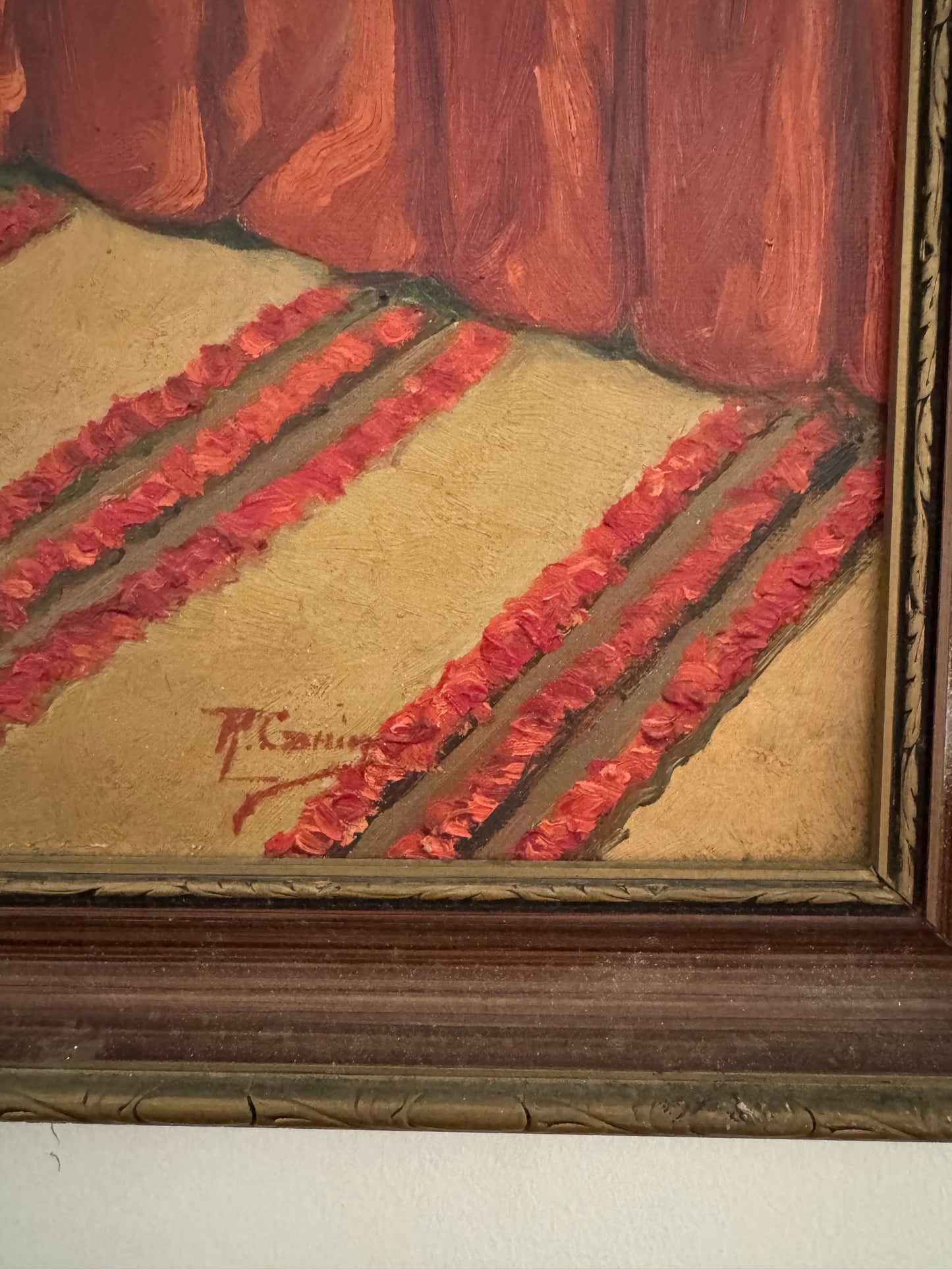 Mid Century Nude of Moroccan Woman on Red Striped Carpet- 21 x 25”