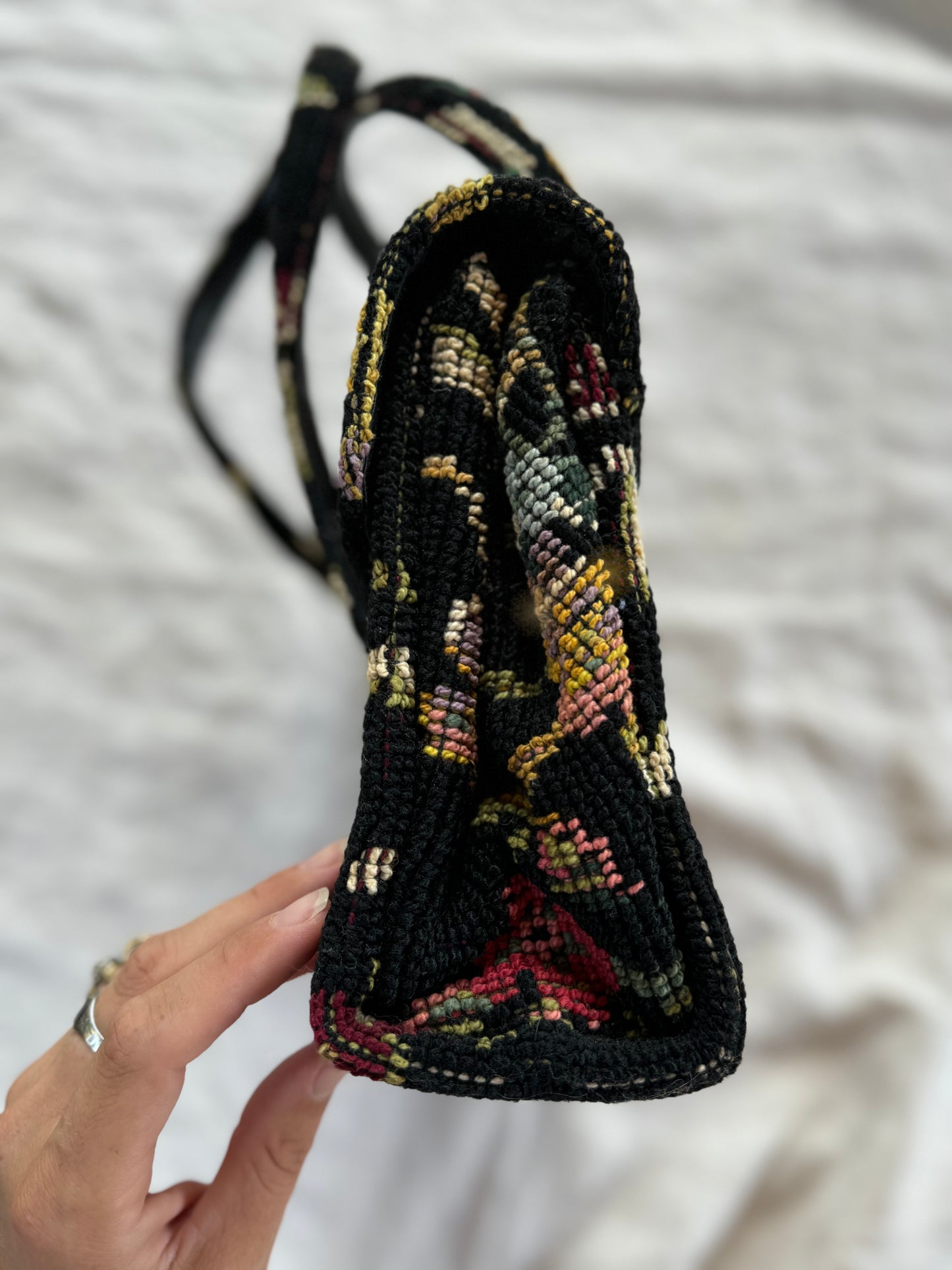 1950s/60s Large Black Floral Needlepoint Handbag