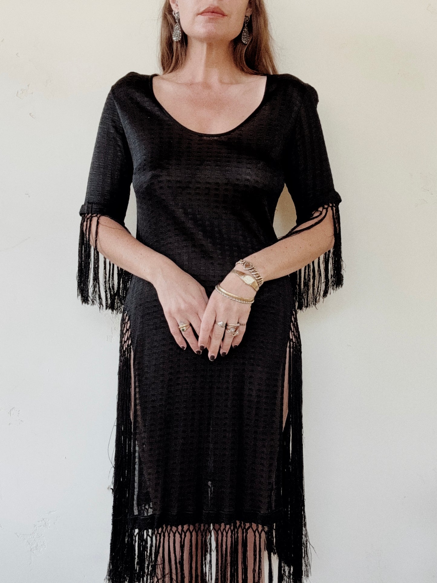 1920s Black Knit Rayon Jersey Fringe Dress- S/M