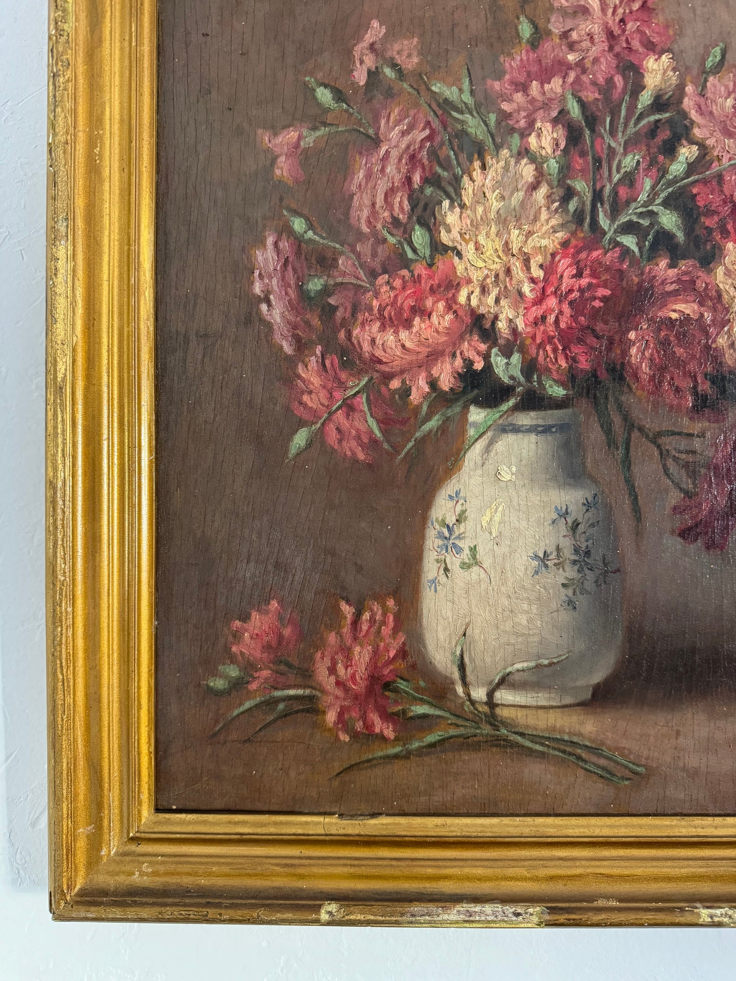1920s Floral Still Life in Gilt Frame Oil on Wood- 18 x 16”