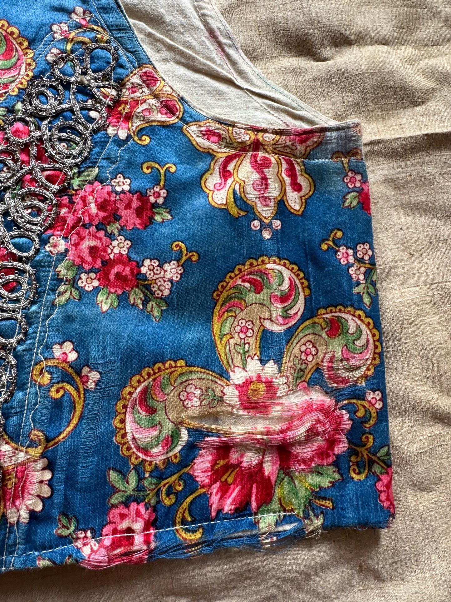 Antique Eastern European Silk Rose Folk Bodice Vest- S/M