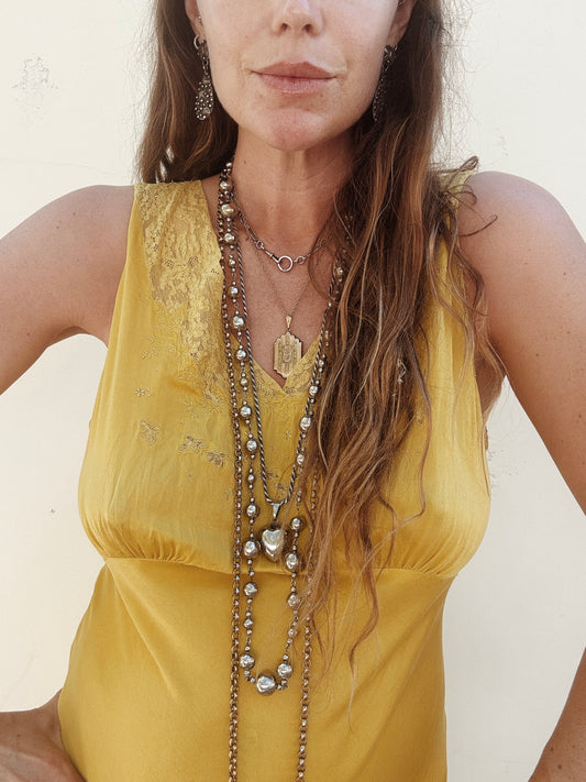 1930s Electric Mustard Silk Slip Dress w/ Floral Lace Inserts- M