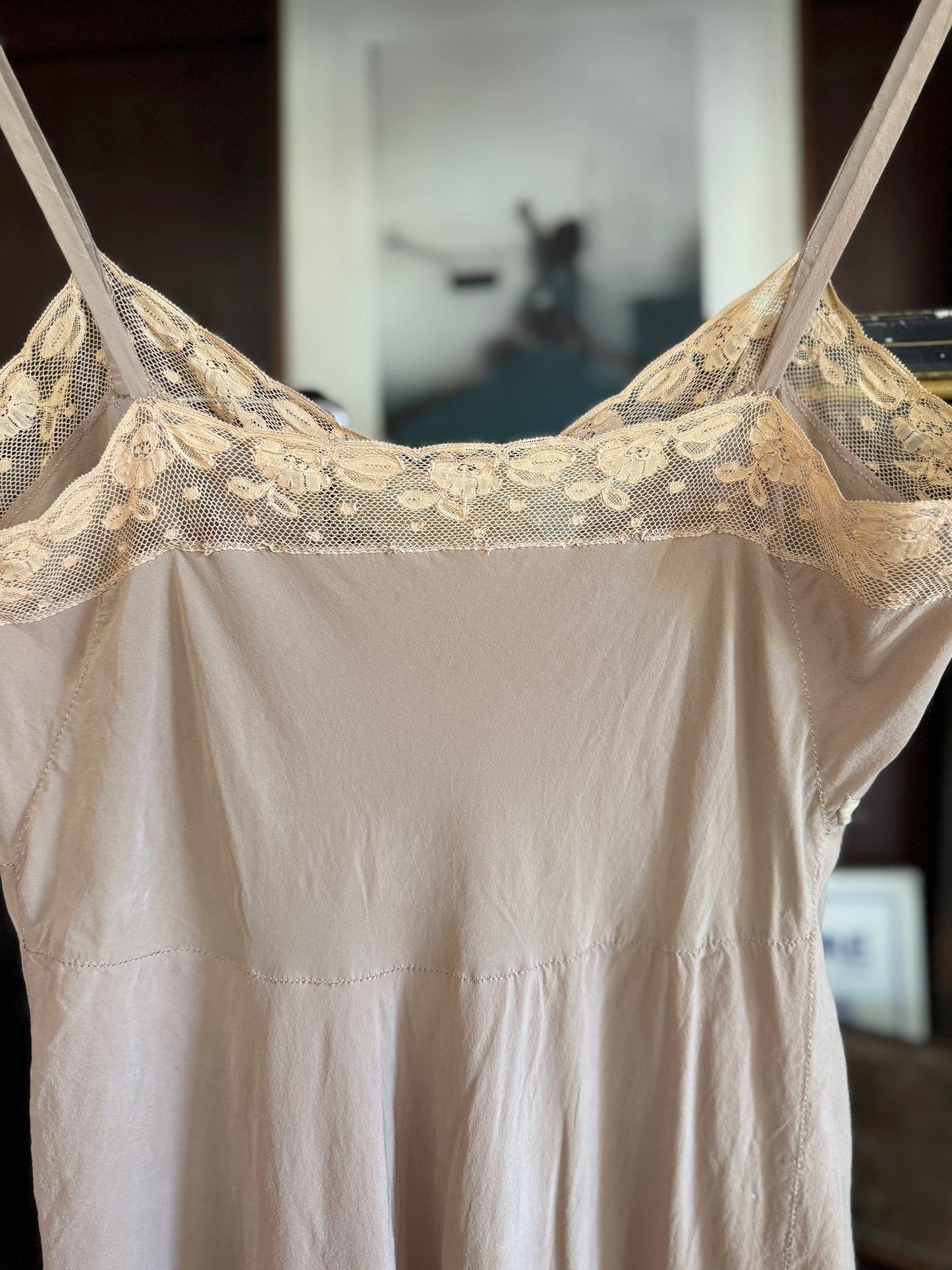 1930s Creamy Mocha Silk Slip Dress w/ Lace + Foliage Appliqué- S