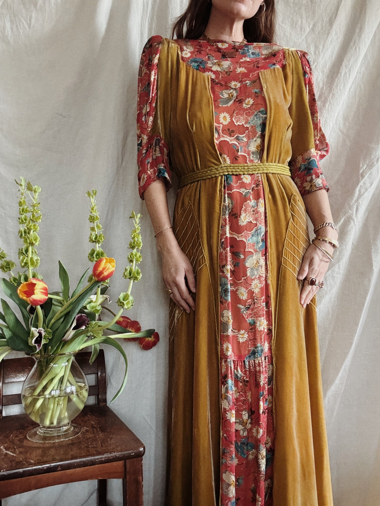 1930s Medieval Golden Velvet + Red Floral Lamé Gown- S/M