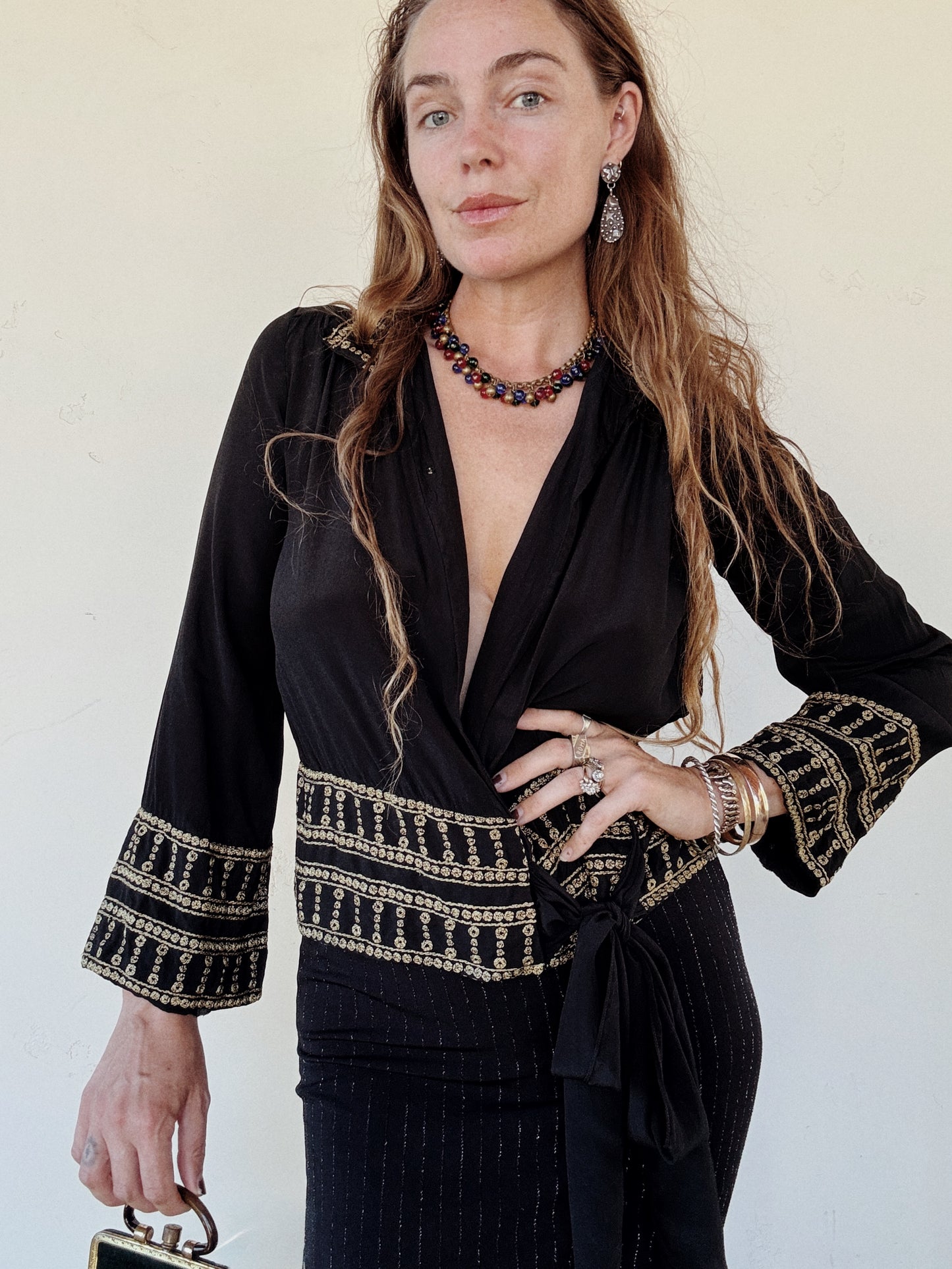 1920s/30s Grecian Black Silk Crepe Blouse w/ Gold Embroidery- S/M
