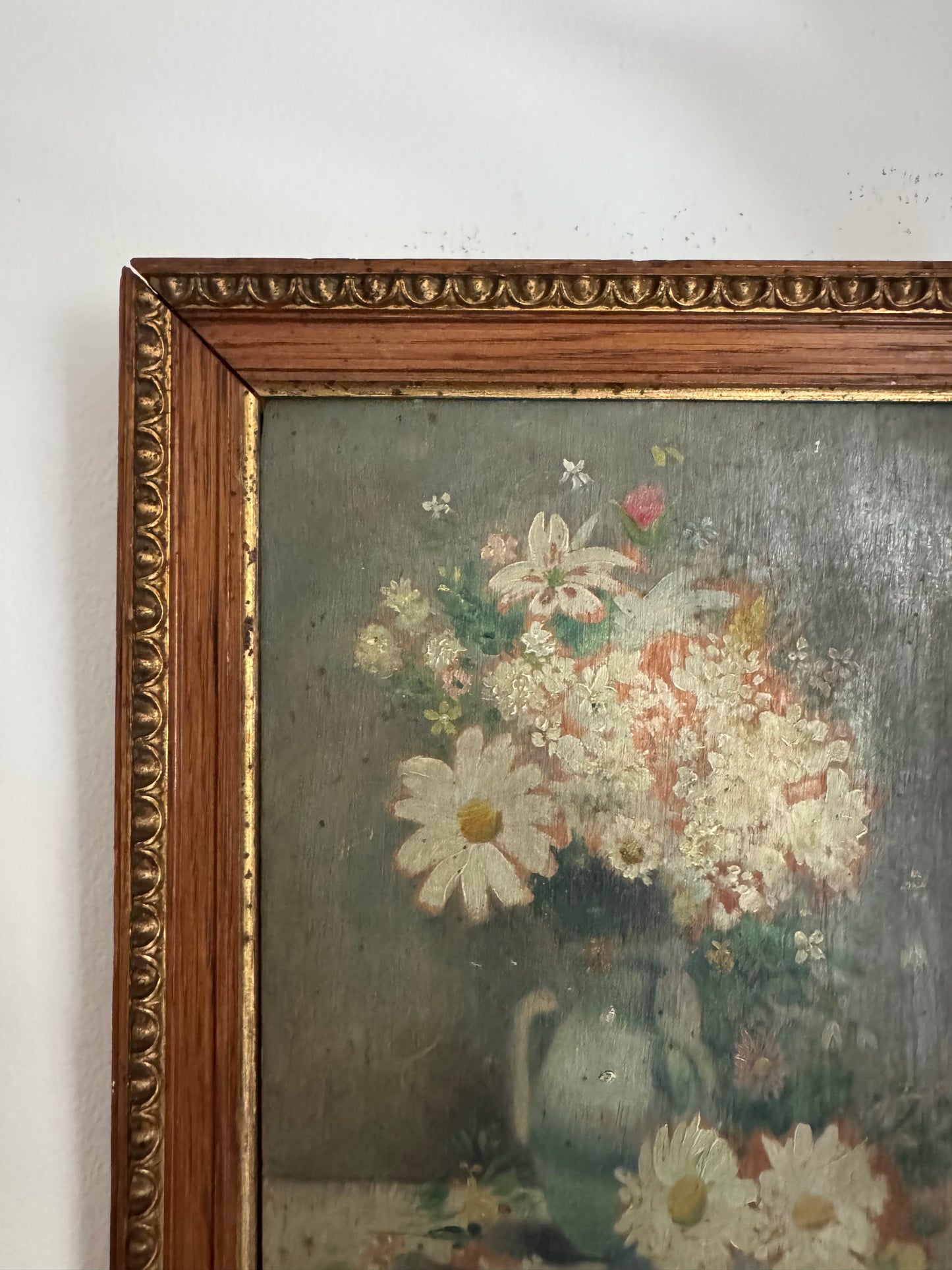 Antique French Spring Daisy Still Life. Oil on Wood- 10 x 8”