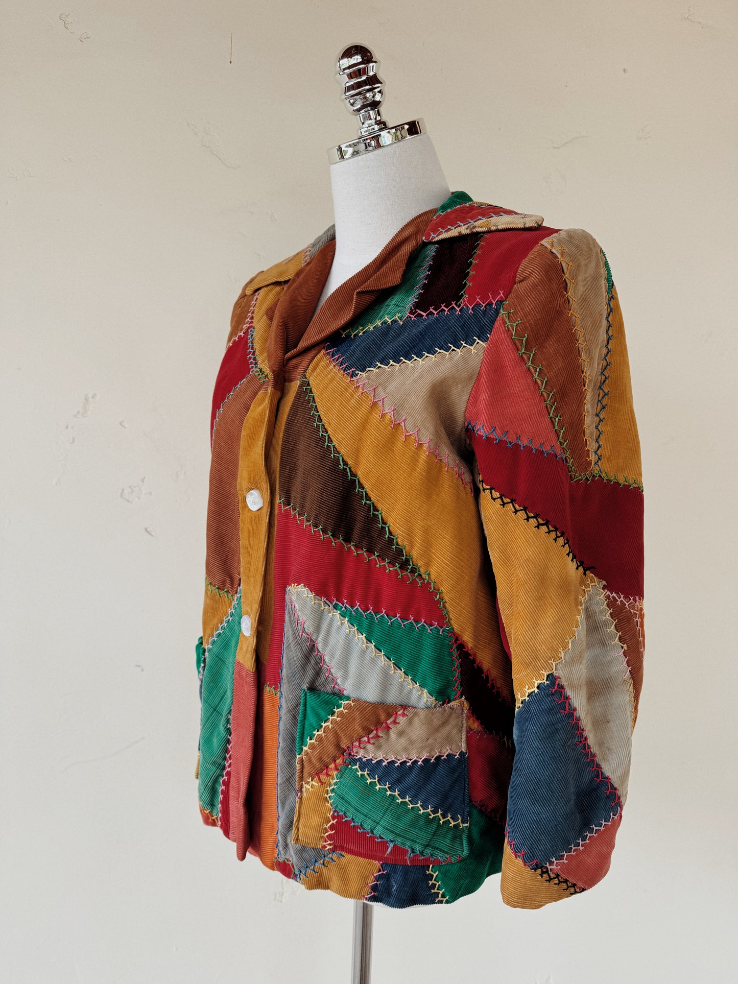 1940s Corduroy Crazy Quilt Jacket w/ Puffed Shoulders- S-M