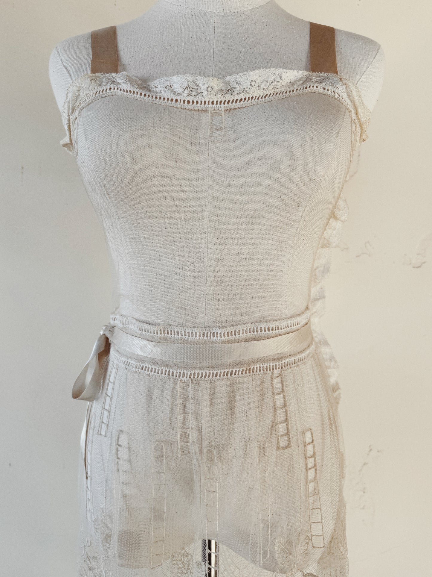 1930s White Net + Lace Dress w/ Silk Ribbon- XS/S