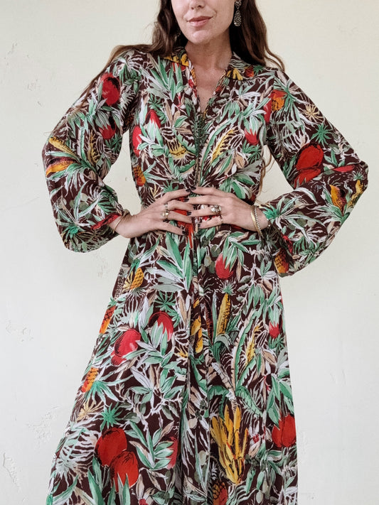 1940s Fruit Print Crepe Kaftan Dress- S/M