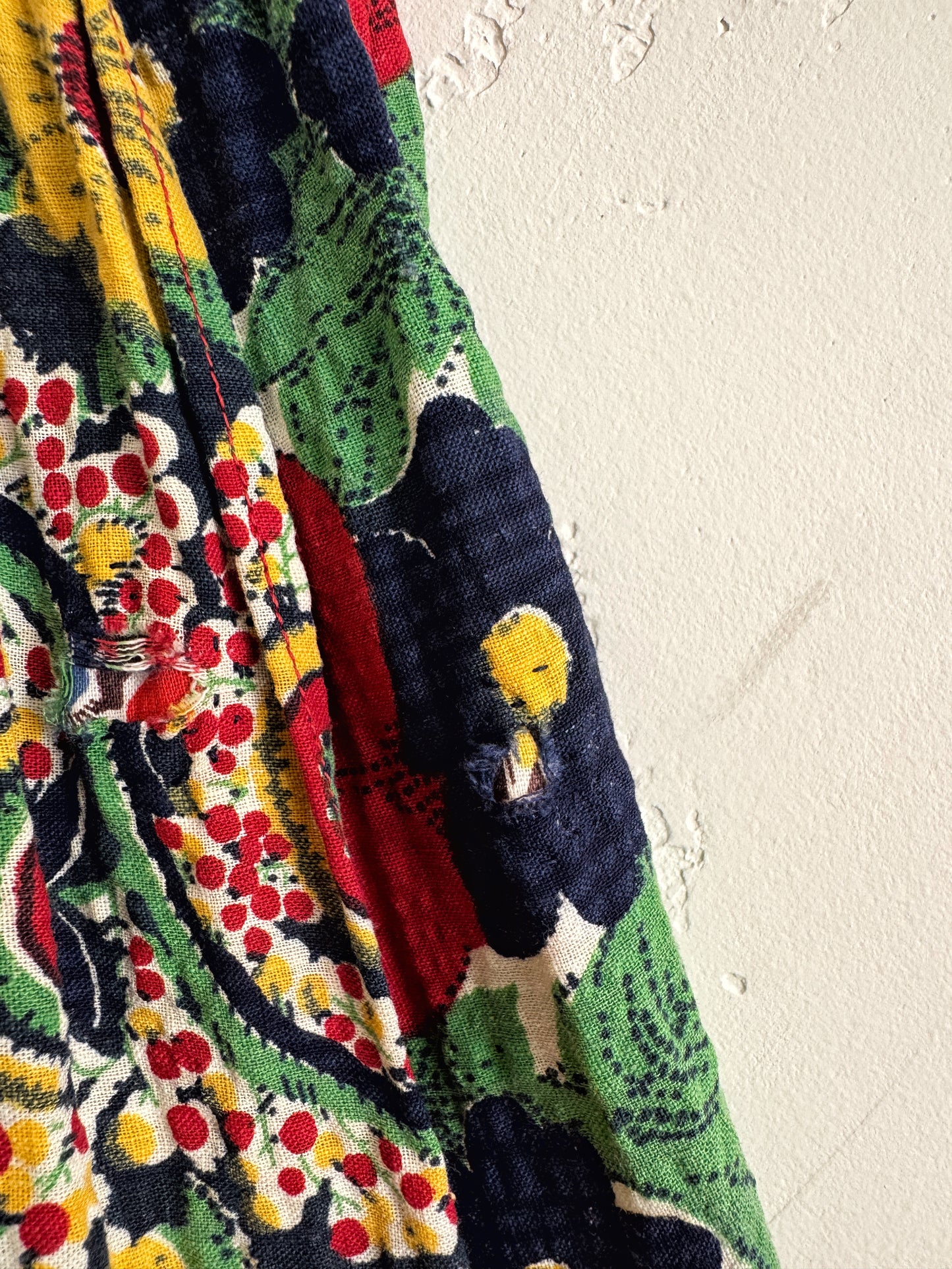 1940s Red + Navy Floral Seersucker Maxi Skirt- S/M