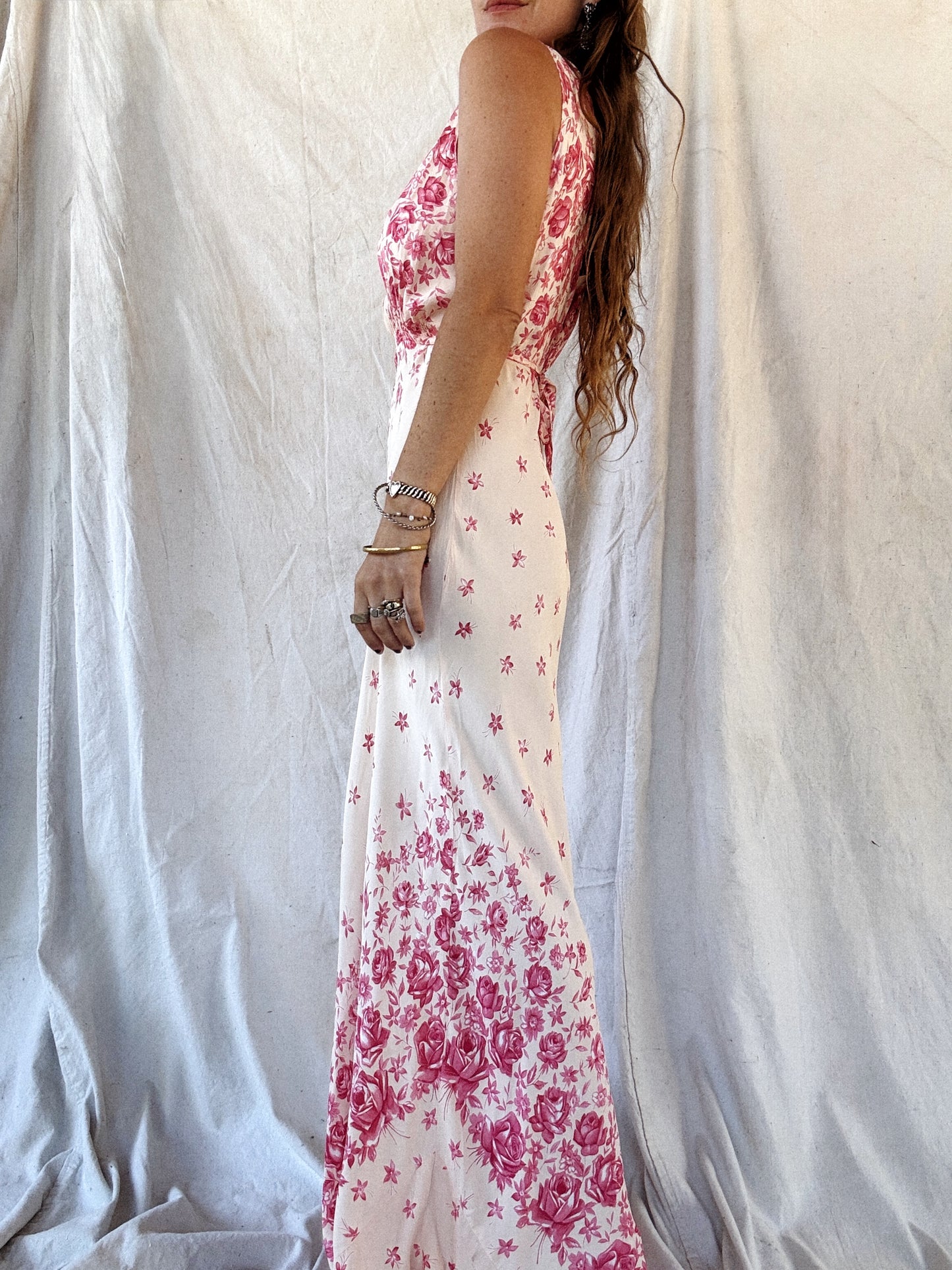 1940s Unique Asymmetrical Rose Printed Slip Dress w/ Tie- M/L