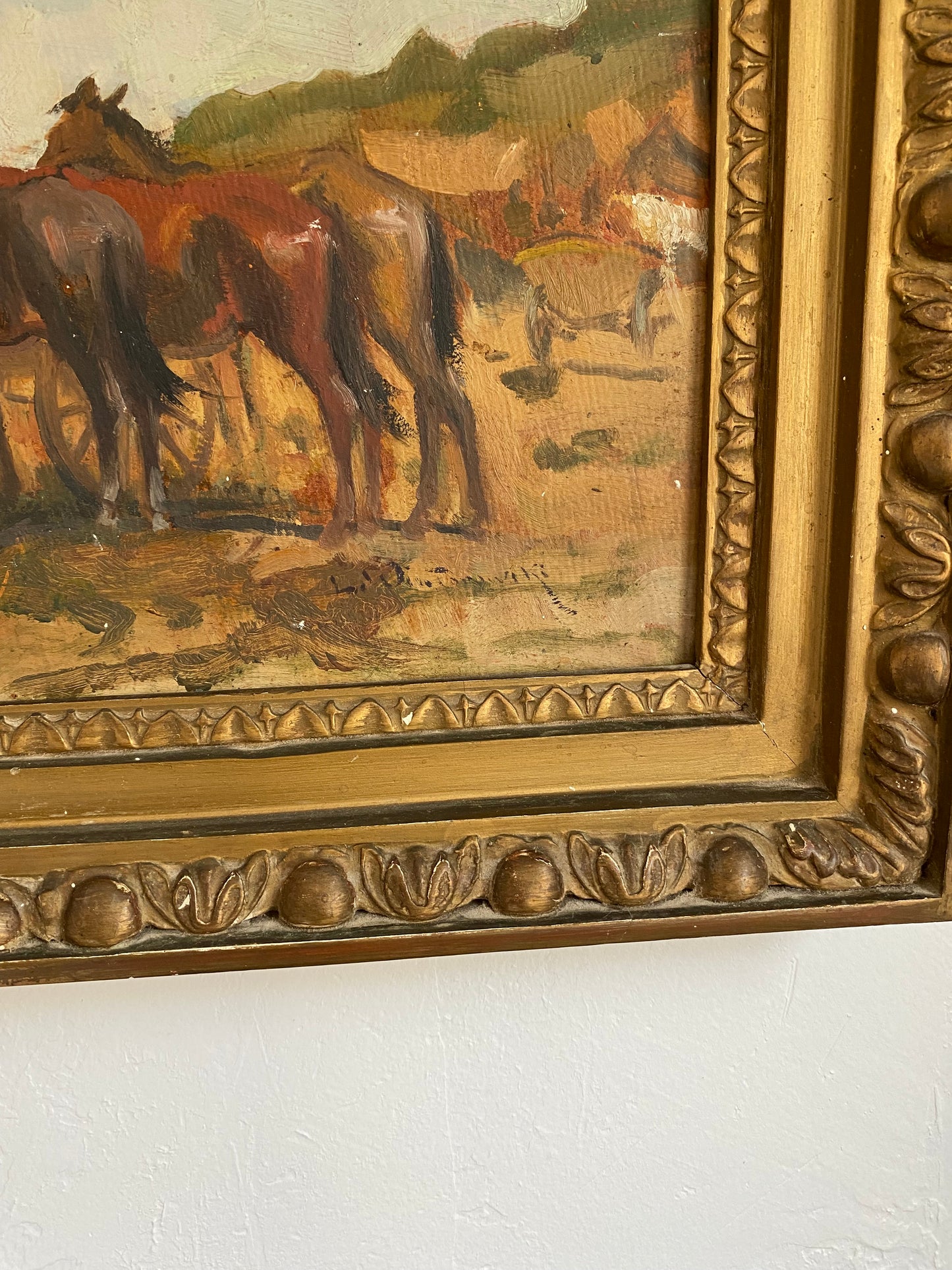 Vintage Old West Horse Painting in Gesso Gilt Frame- 13x18”