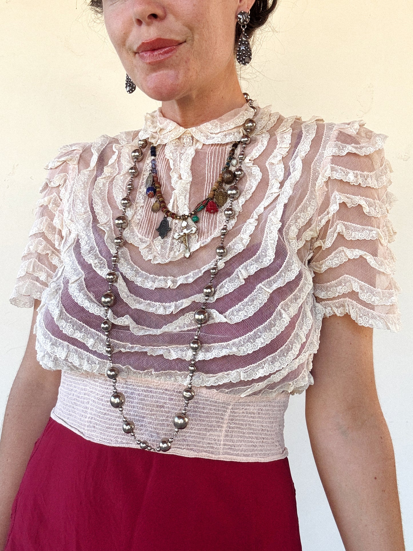 1930s/40s Blossom Pink Net + Lace Babydoll Blouse- S/M